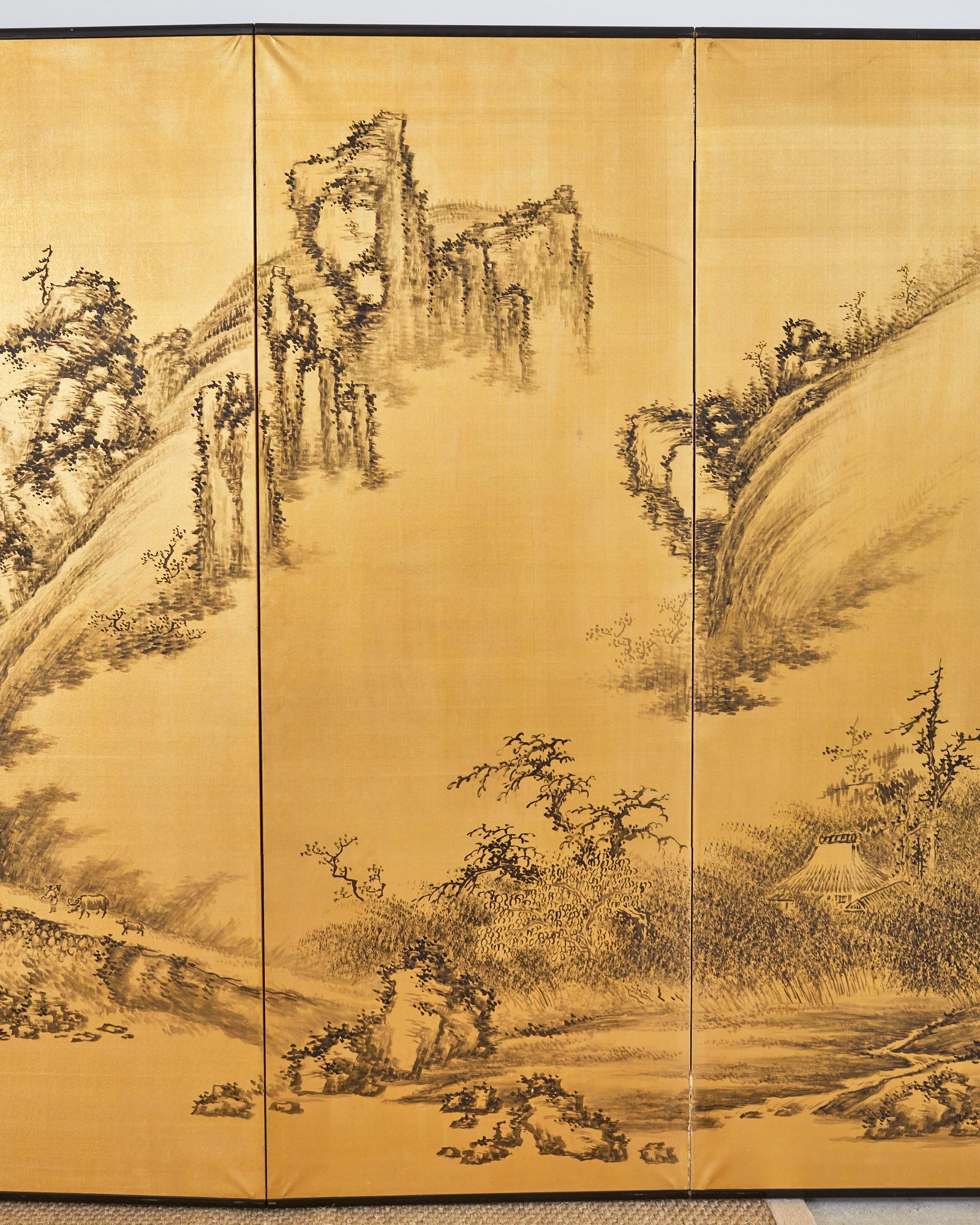 Japanese Style Showa Six Panel Screen Chinese Gilt Mountain Landscape For Sale 1