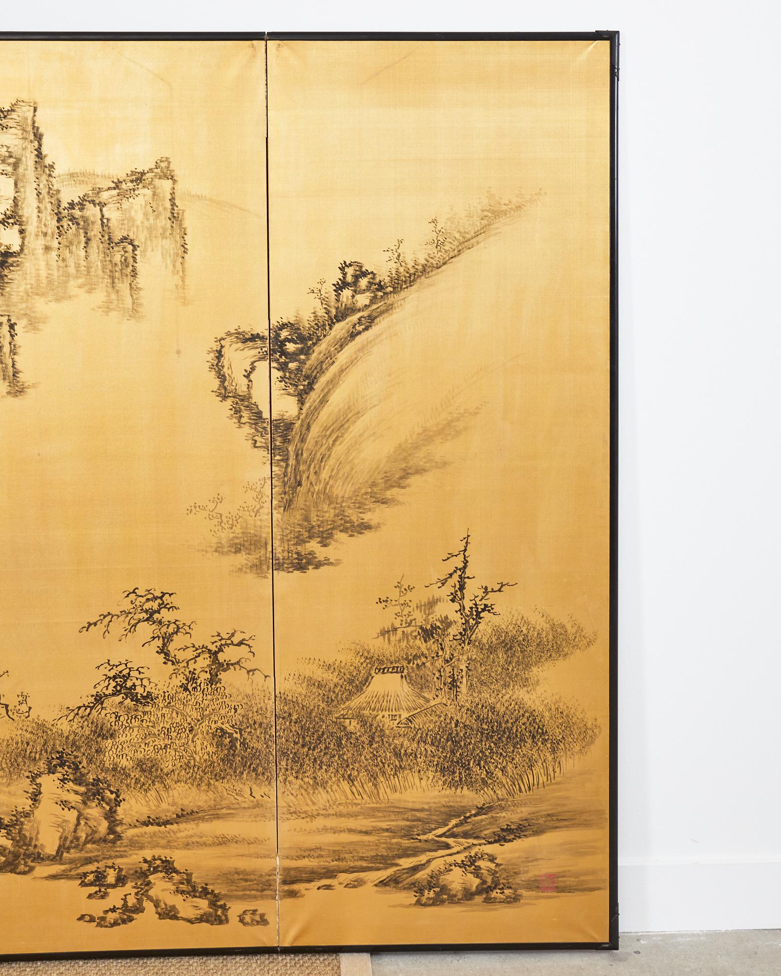 Japanese Style Showa Six Panel Screen Chinese Gilt Mountain Landscape For Sale 2