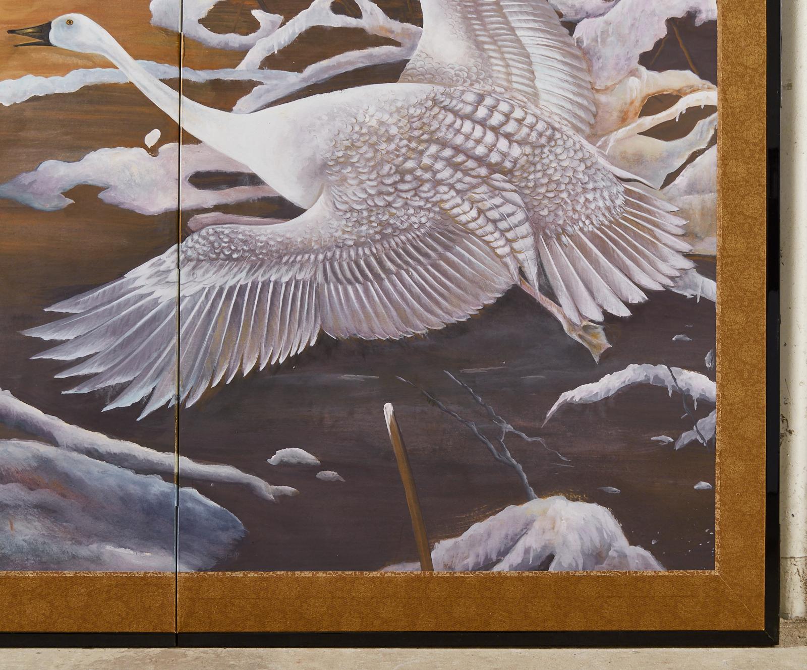 Japanese Style Two-Panel Screen Winter Goose in Flight For Sale 3