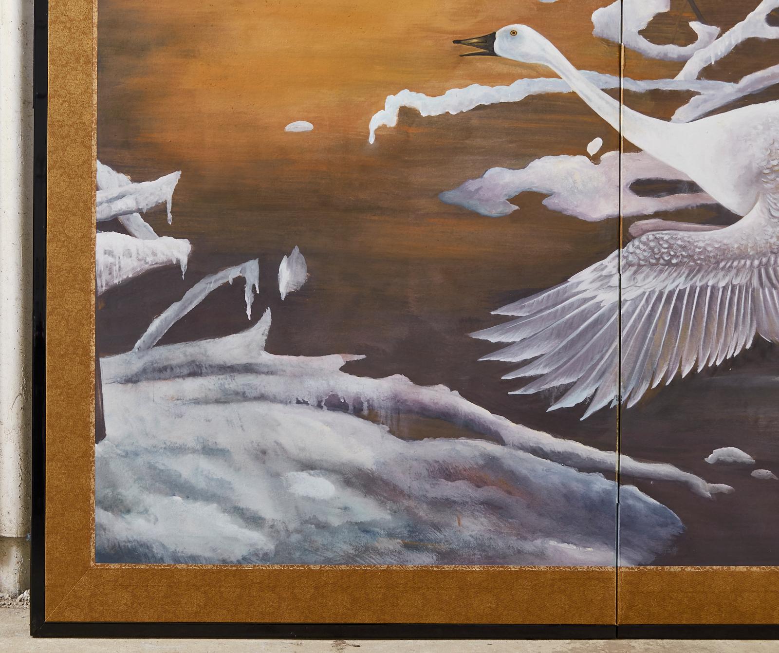 Japanese Style Two-Panel Screen Winter Goose in Flight For Sale 5