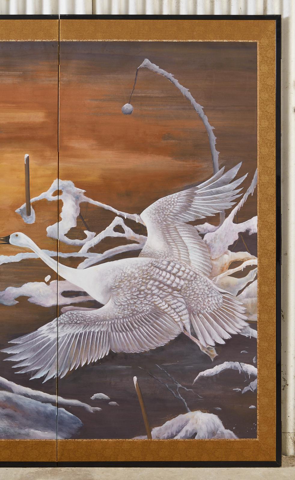 Hand-Crafted Japanese Style Two-Panel Screen Winter Goose in Flight For Sale