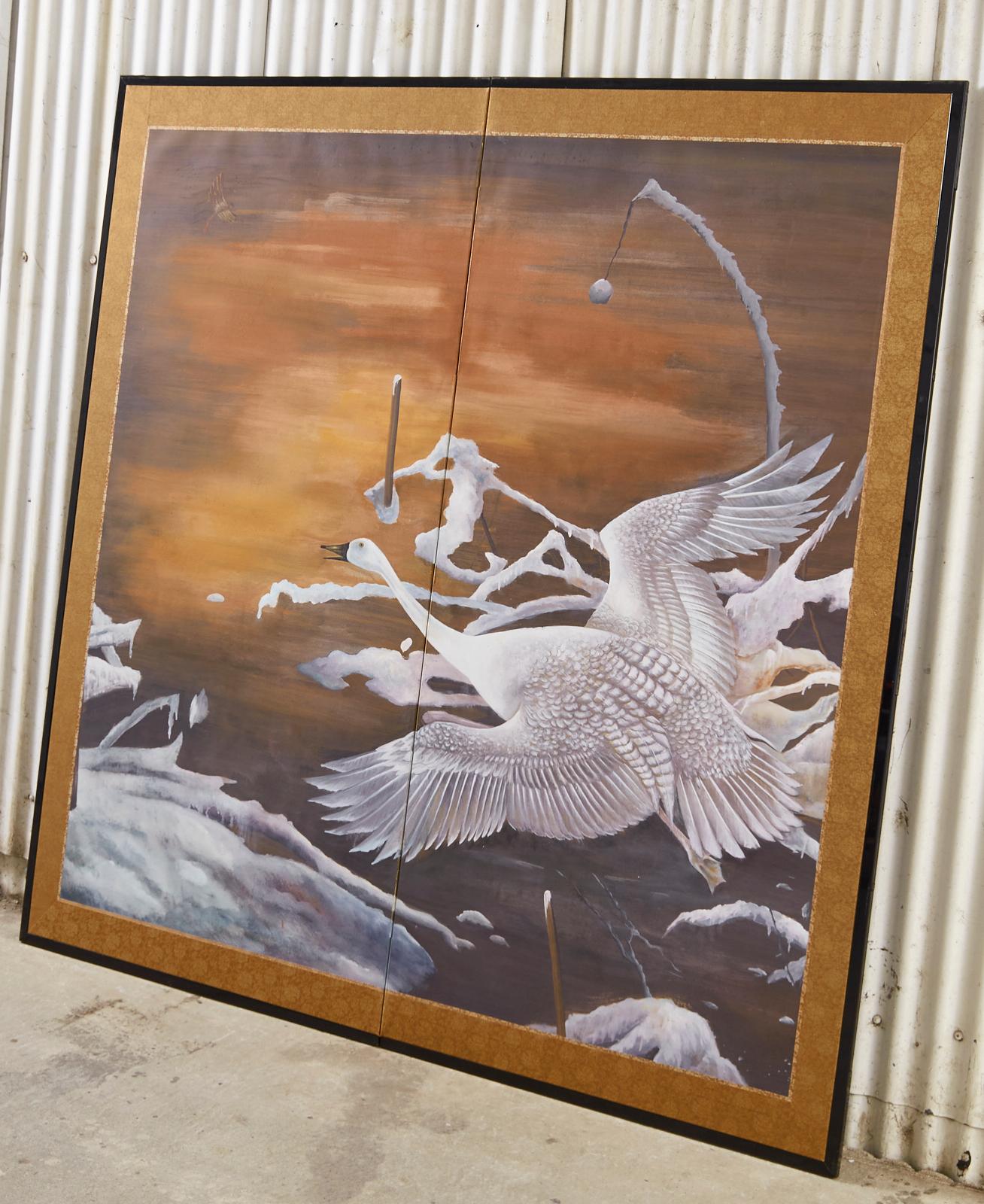 Japanese Style Two-Panel Screen Winter Goose in Flight In Good Condition For Sale In Rio Vista, CA