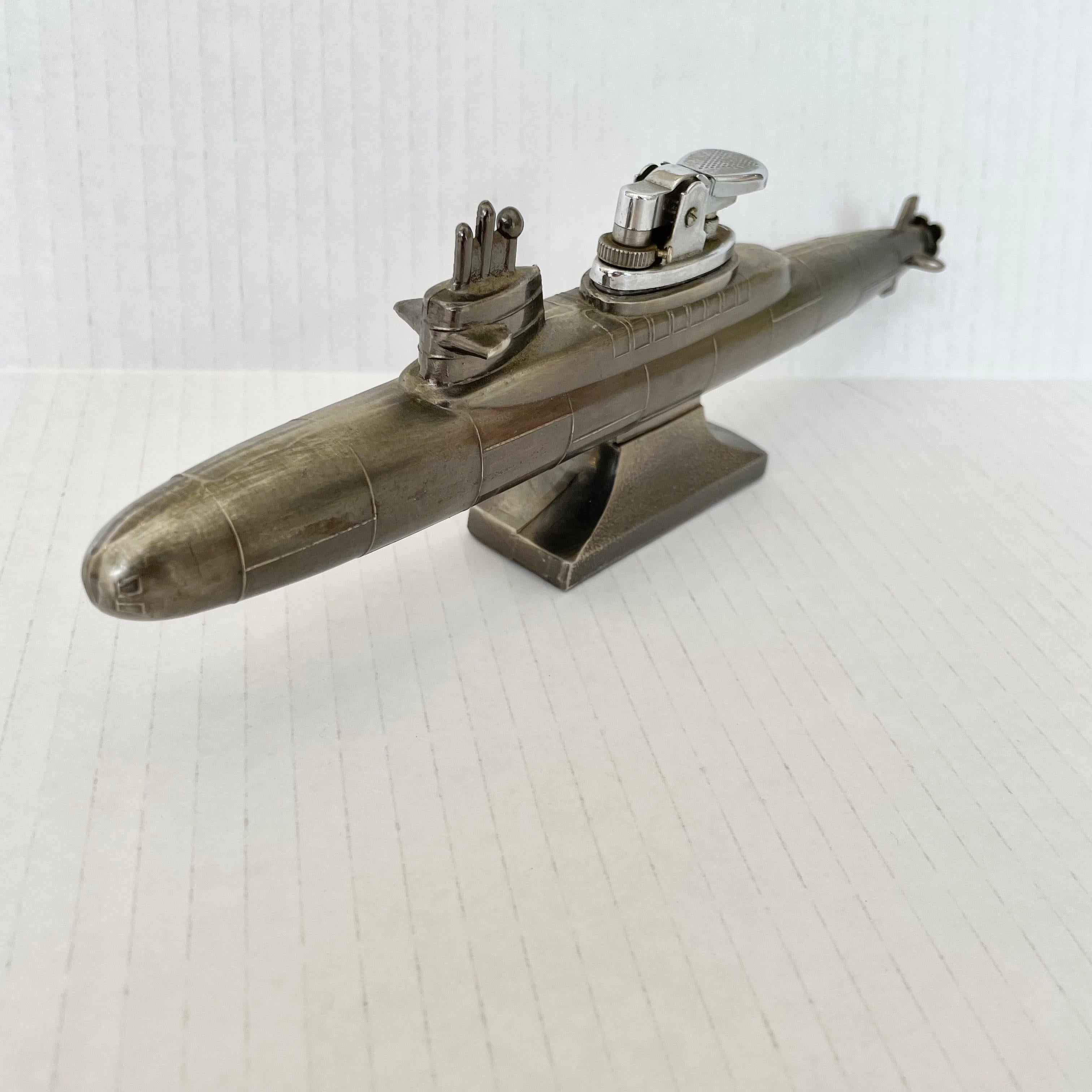 Unique vintage table lighter in the shape of a submarine. Made in Japan with 