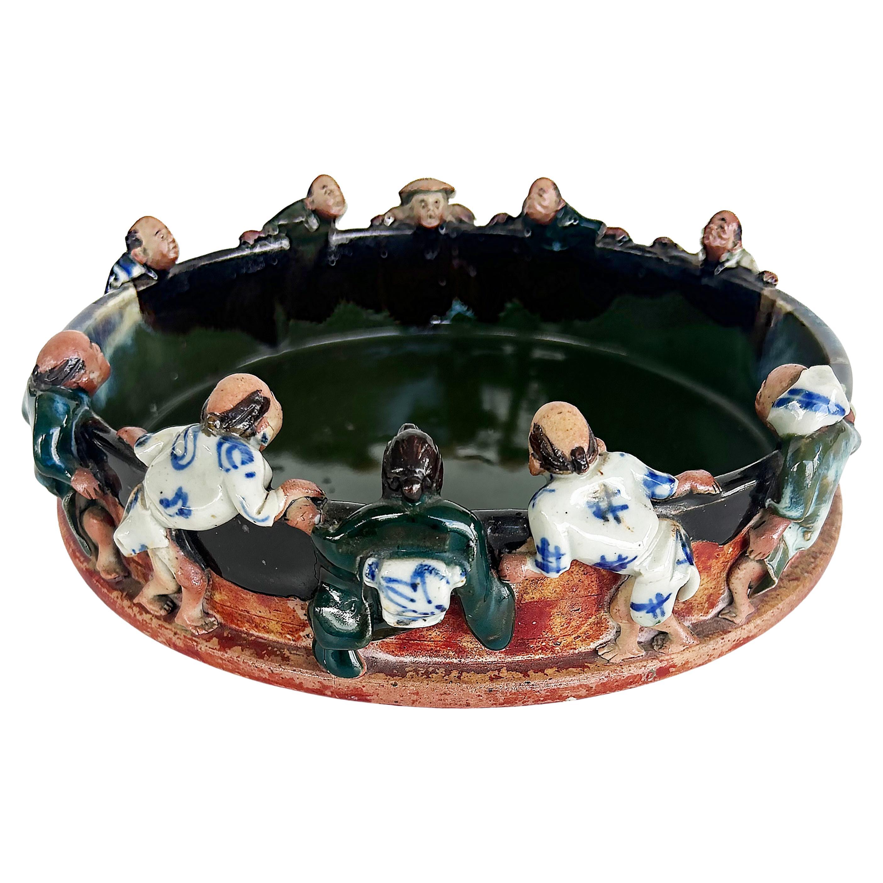 Japanese Sumida Gawa Pottery Glazed Bowl "Ten Men Looking into a Pond" For Sale