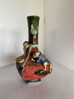 Japanese Sumida Ware Vase with Two Men on Rocky Ledge by Inoue Ryosai II