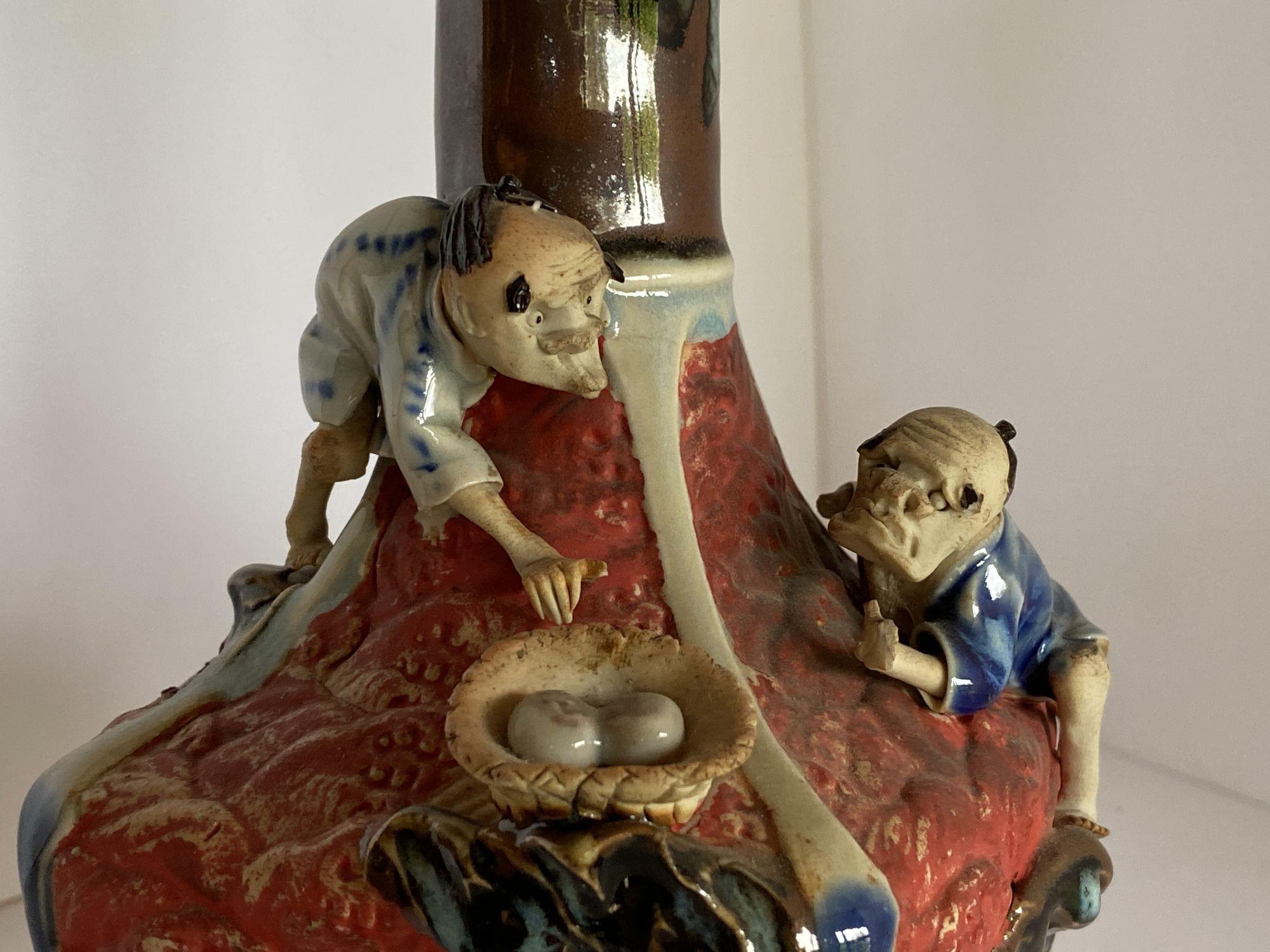 Late 19th Century Japanese Sumida Ware Vase with Two Men on Rocky Ledge by Inoue Ryosai II For Sale