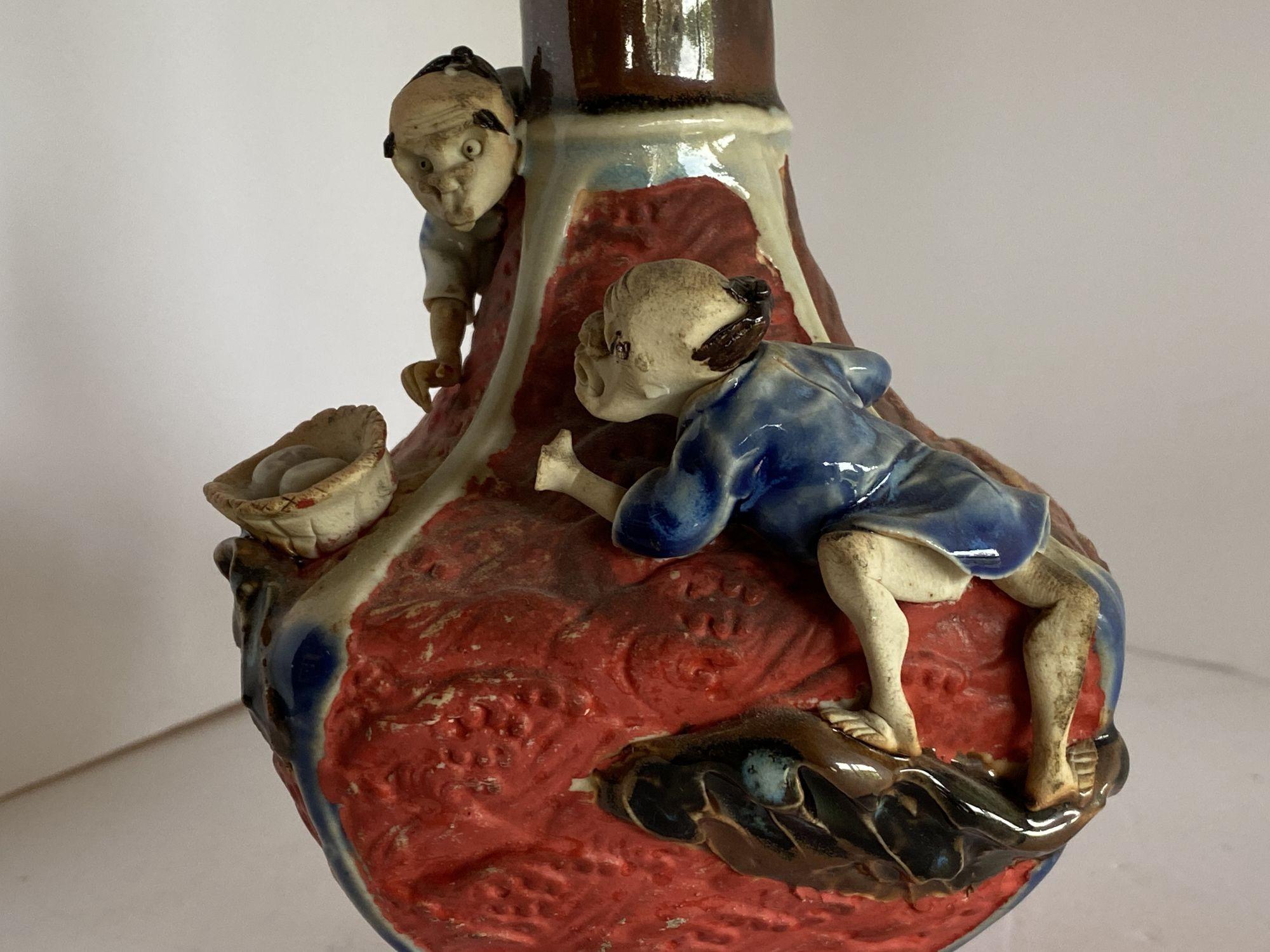 Pottery Japanese Sumida Ware Vase with Two Men on Rocky Ledge by Inoue Ryosai II For Sale