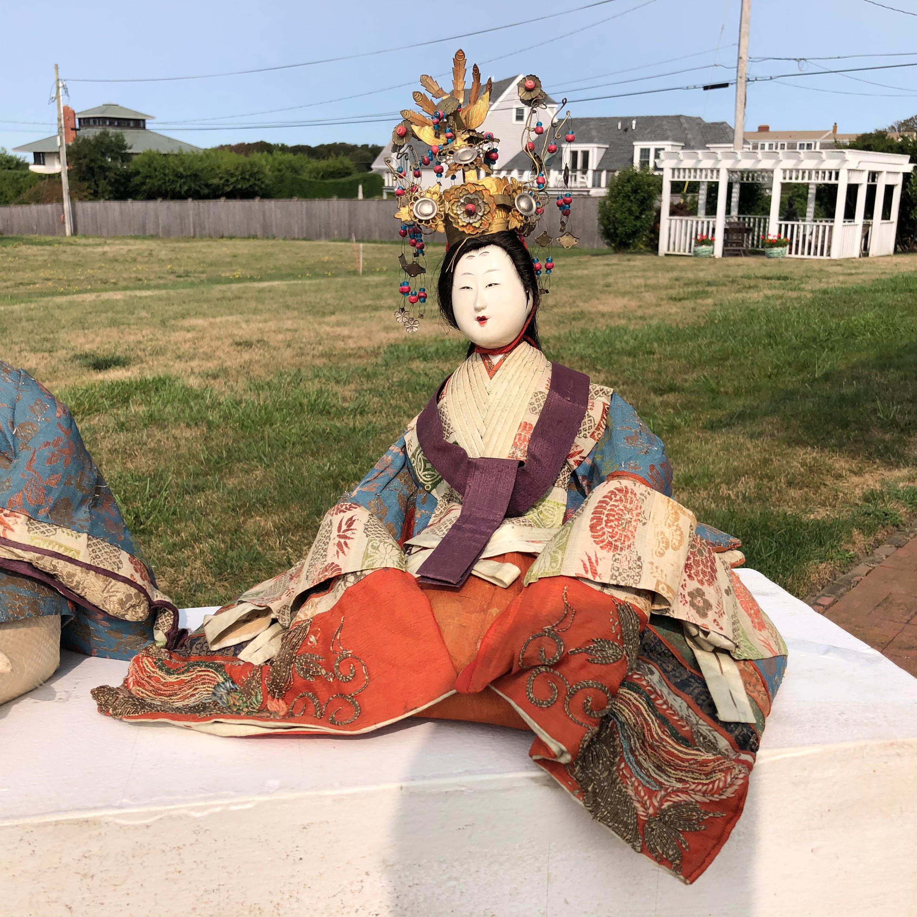 Japanese Signed Pair Tall  Imperial Princess & Prince Dolls, Edo Period 1840 In Good Condition In South Burlington, VT