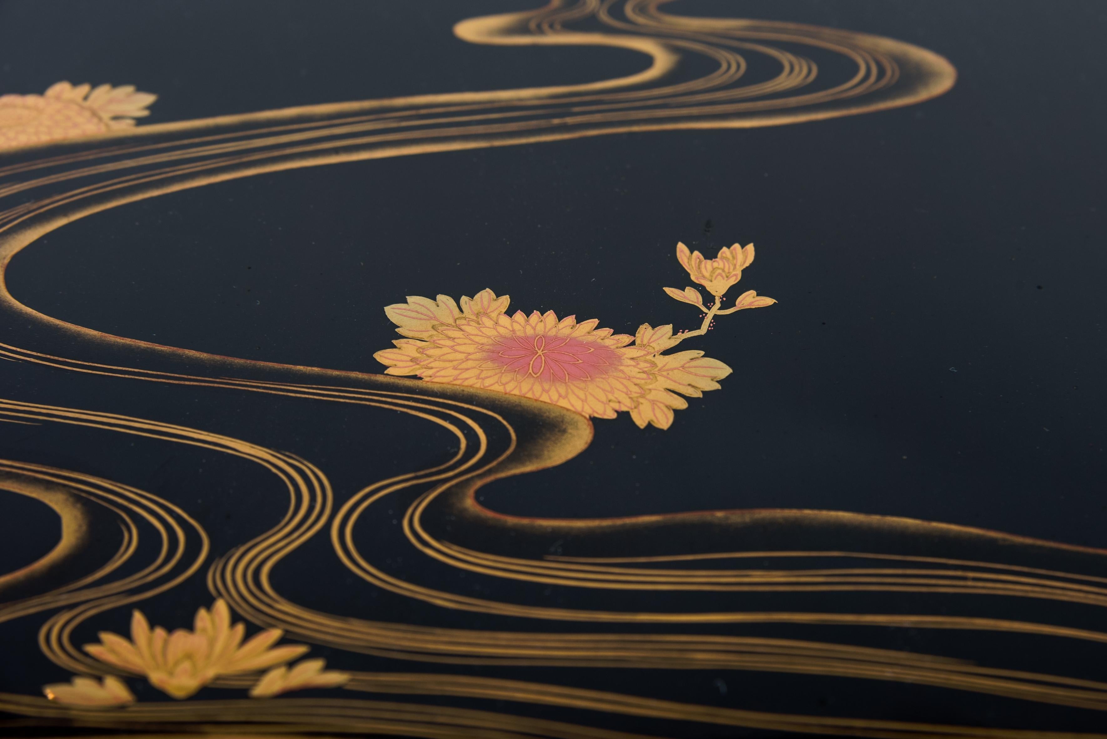Gold Japanese suzuribako lacquered box peony river For Sale