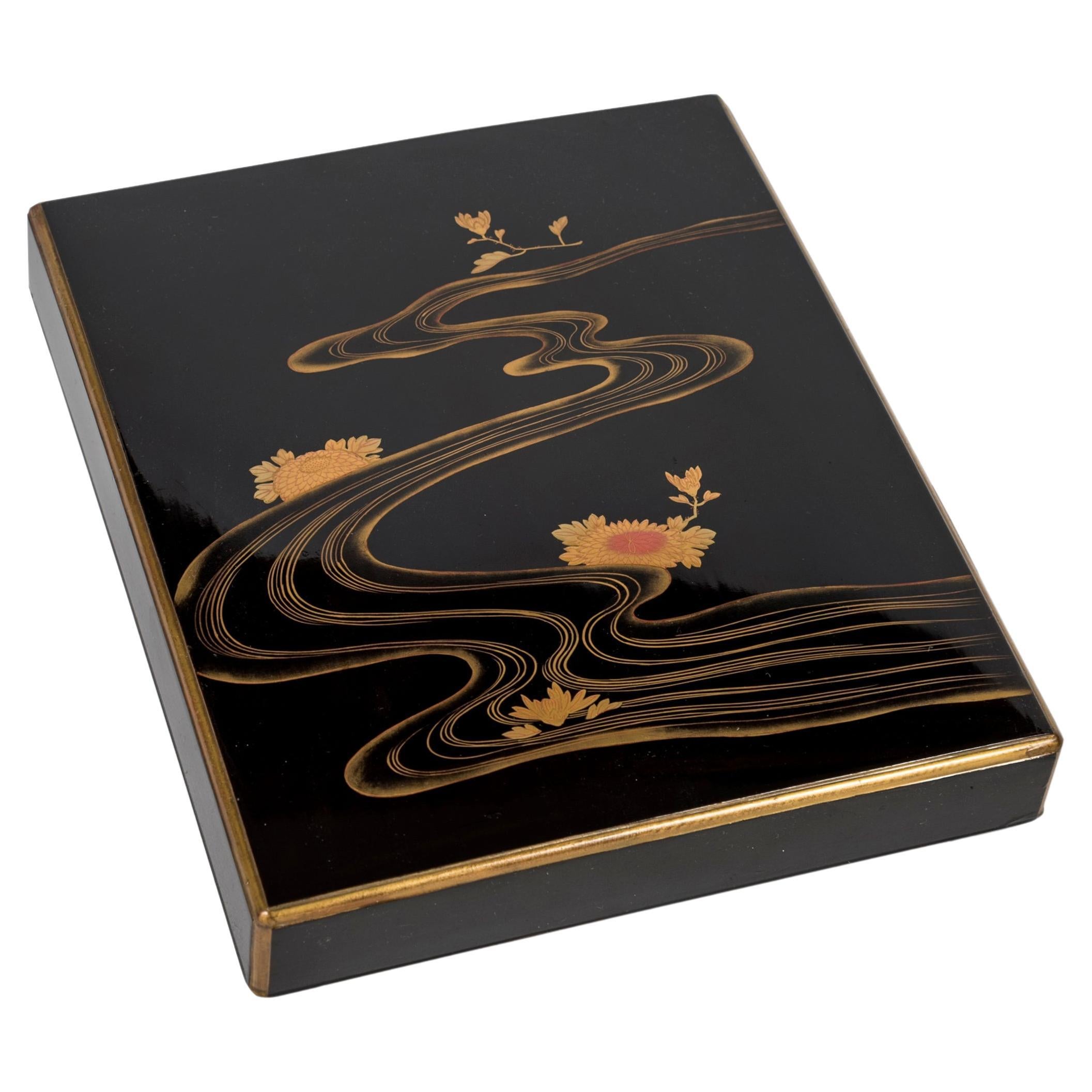 Japanese suzuribako lacquered box peony river For Sale