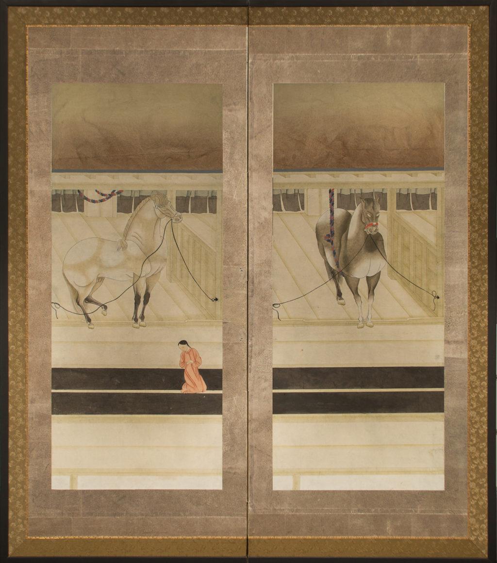 Japanese Two-Panel Screen, Horses in Stable with Attendant, Beautifully painted screen of a very popular samurai subject matter.  Samurai took pride in their horses and had them represented in their artwork.  Horses in stable was a subject matter