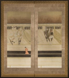 Japanese Two-Panel Screen, Horses in Stable with Attendant