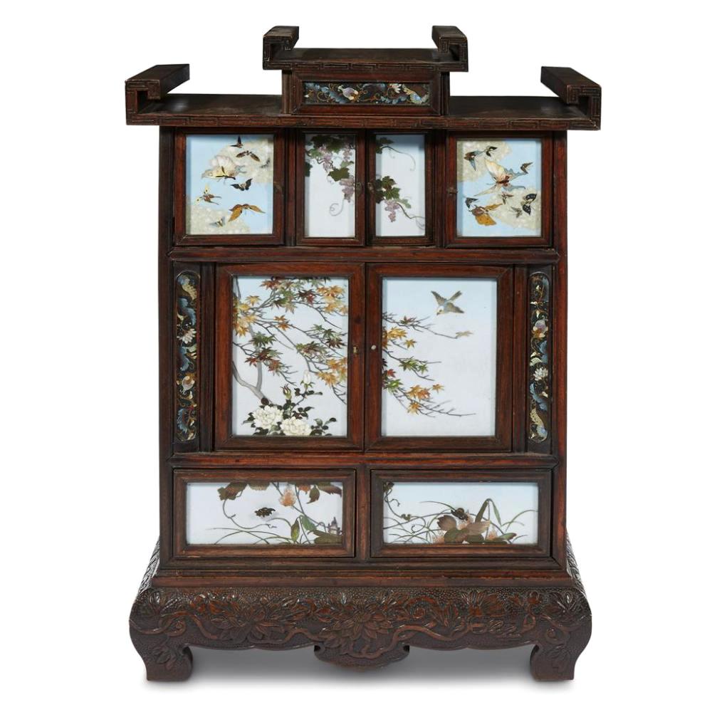 Japanese Table Cabinet with Cloisonne Panels in the style of Namikawa Sosuke In Good Condition For Sale In Atlanta, GA