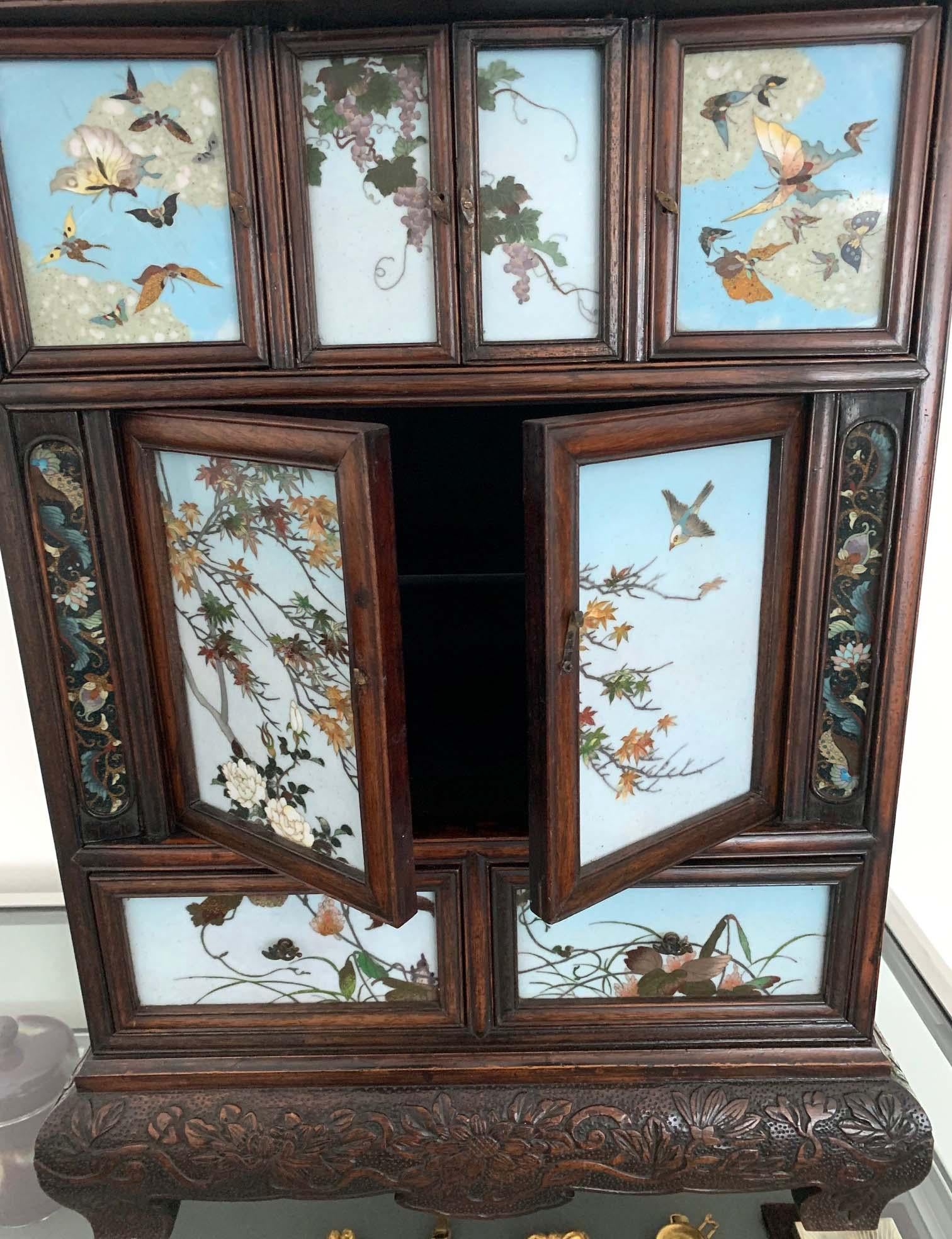 Enamel Japanese Table Cabinet with Cloisonne Panels in the style of Namikawa Sosuke For Sale