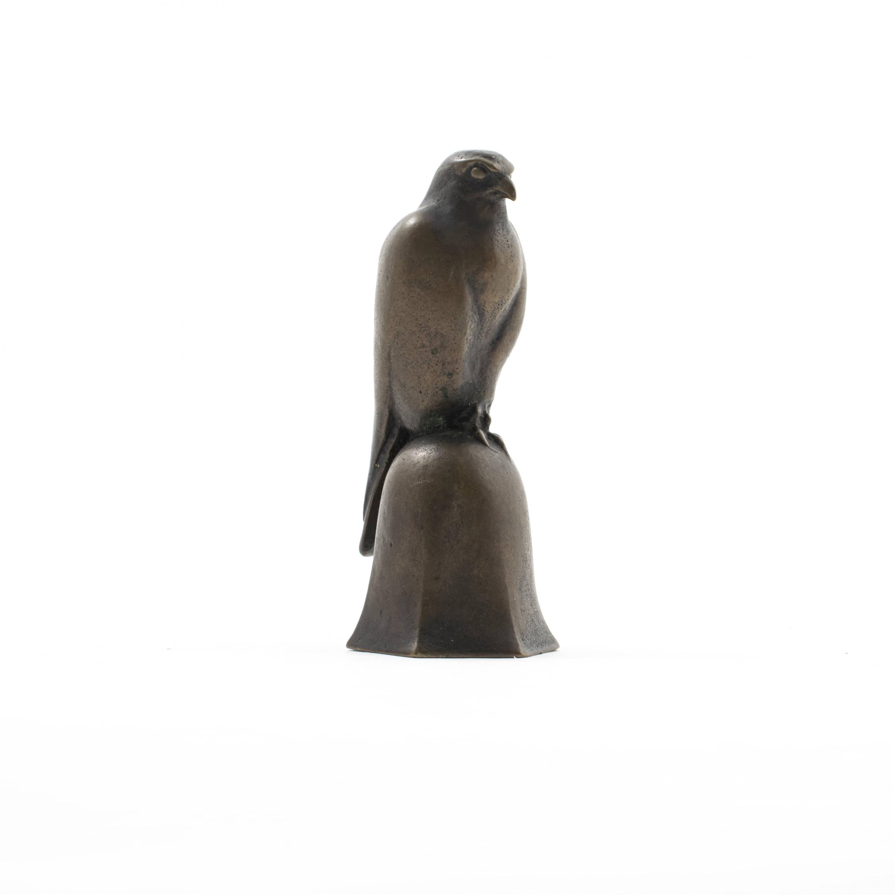 Other Japanese Table Bell, Sitting Falcon in Patinated Bronze