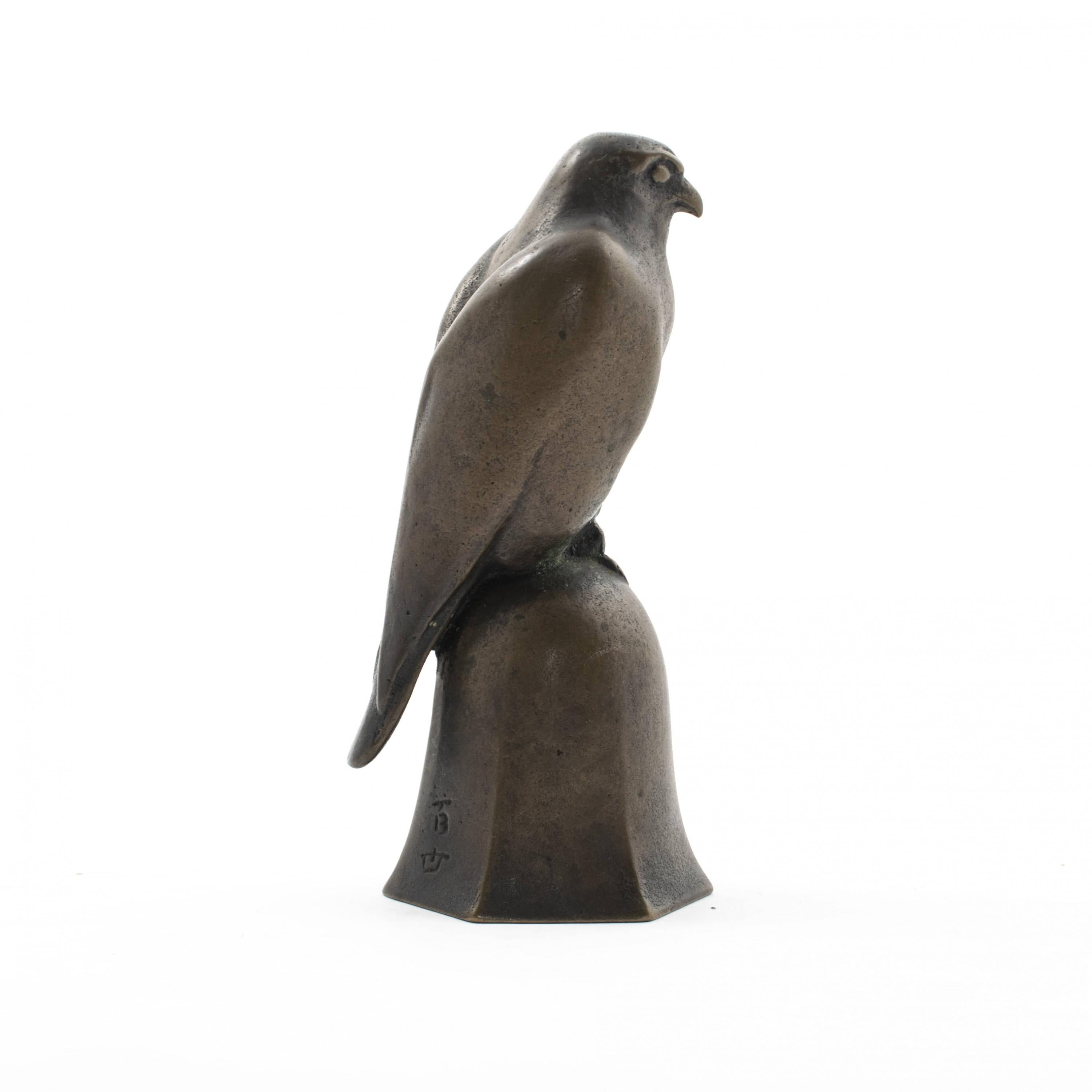 20th Century Japanese Table Bell, Sitting Falcon in Patinated Bronze