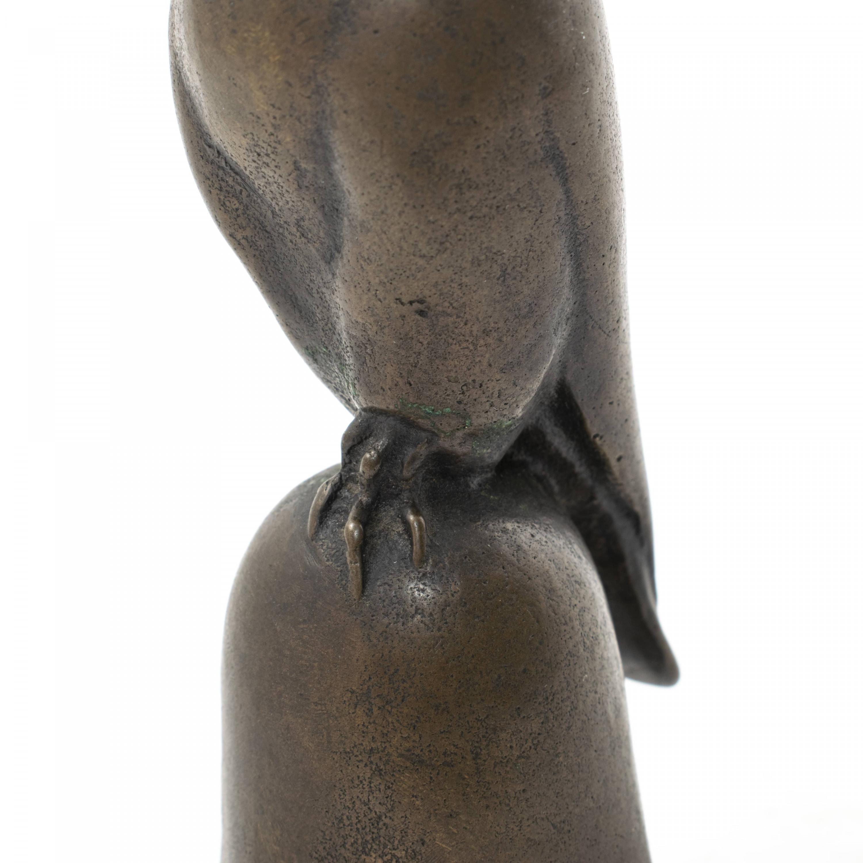 Japanese Table Bell, Sitting Falcon in Patinated Bronze 2