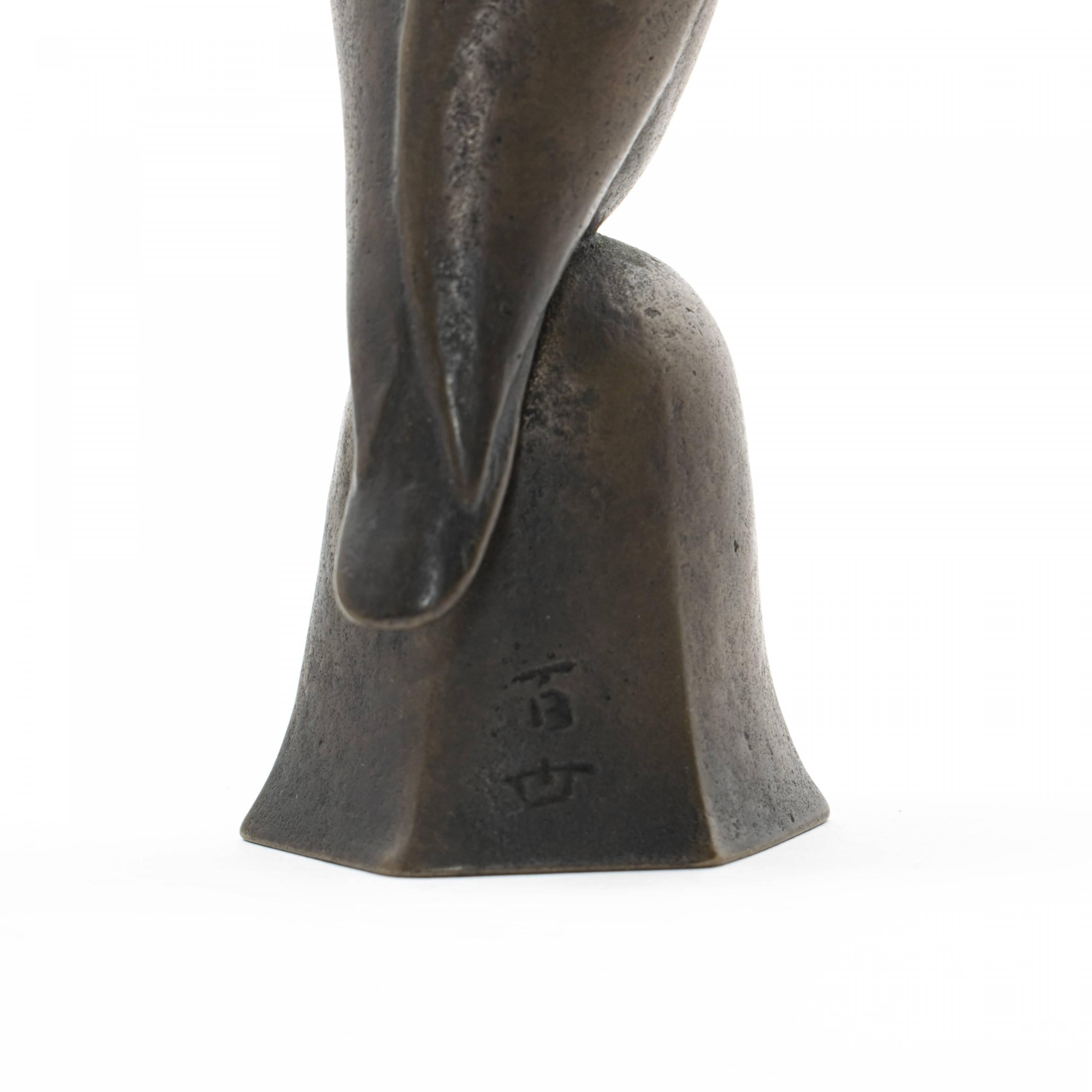 Japanese Table Bell, Sitting Falcon in Patinated Bronze 4