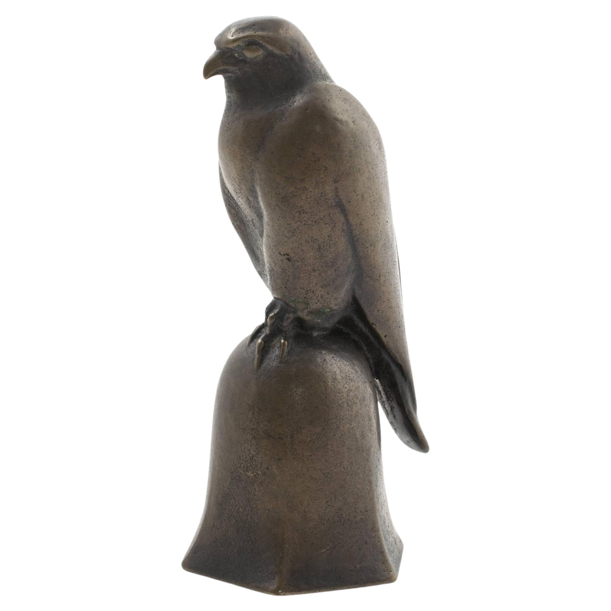 Japanese Table Bell, Sitting Falcon in Patinated Bronze