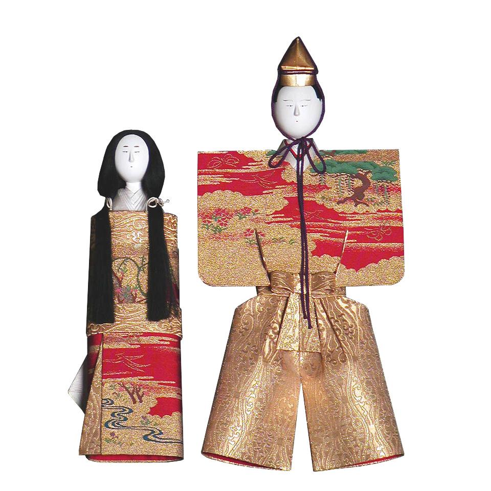 Japanische Tachibina (Kaiserpaar), seltenes und außergewöhnlich schönes stehendes Figurenpaar für das Hina Matsuri. Der Kaiser hat seine Arme zur Seite ausgebreitet, die Kaiserin hat eine zylindrische Form. Die Gesichter sind im runden