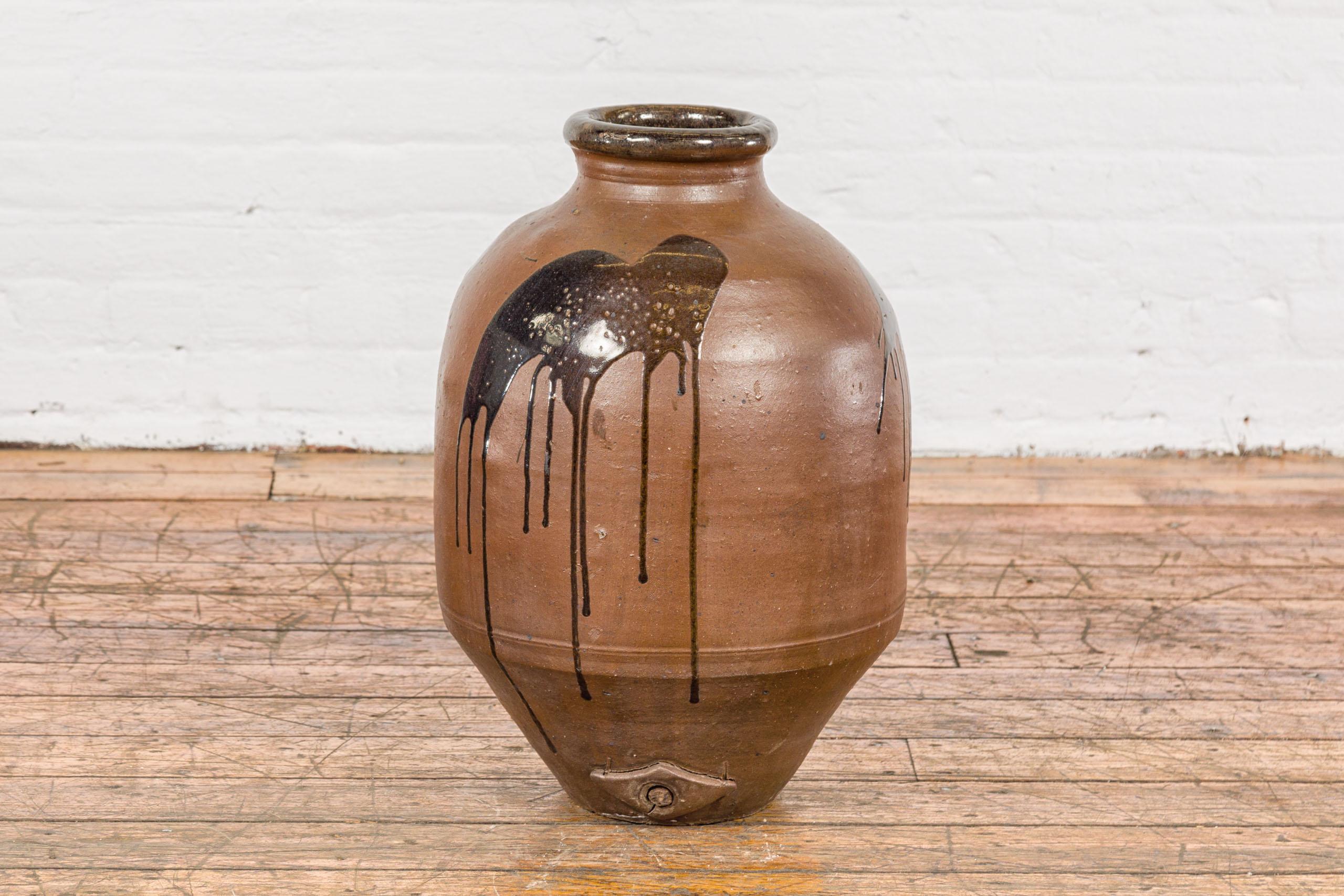 Taisho Japanese Taishō 1900s Tamba Tachikui Ware Brown Jar with Spout and Drip Glaze For Sale