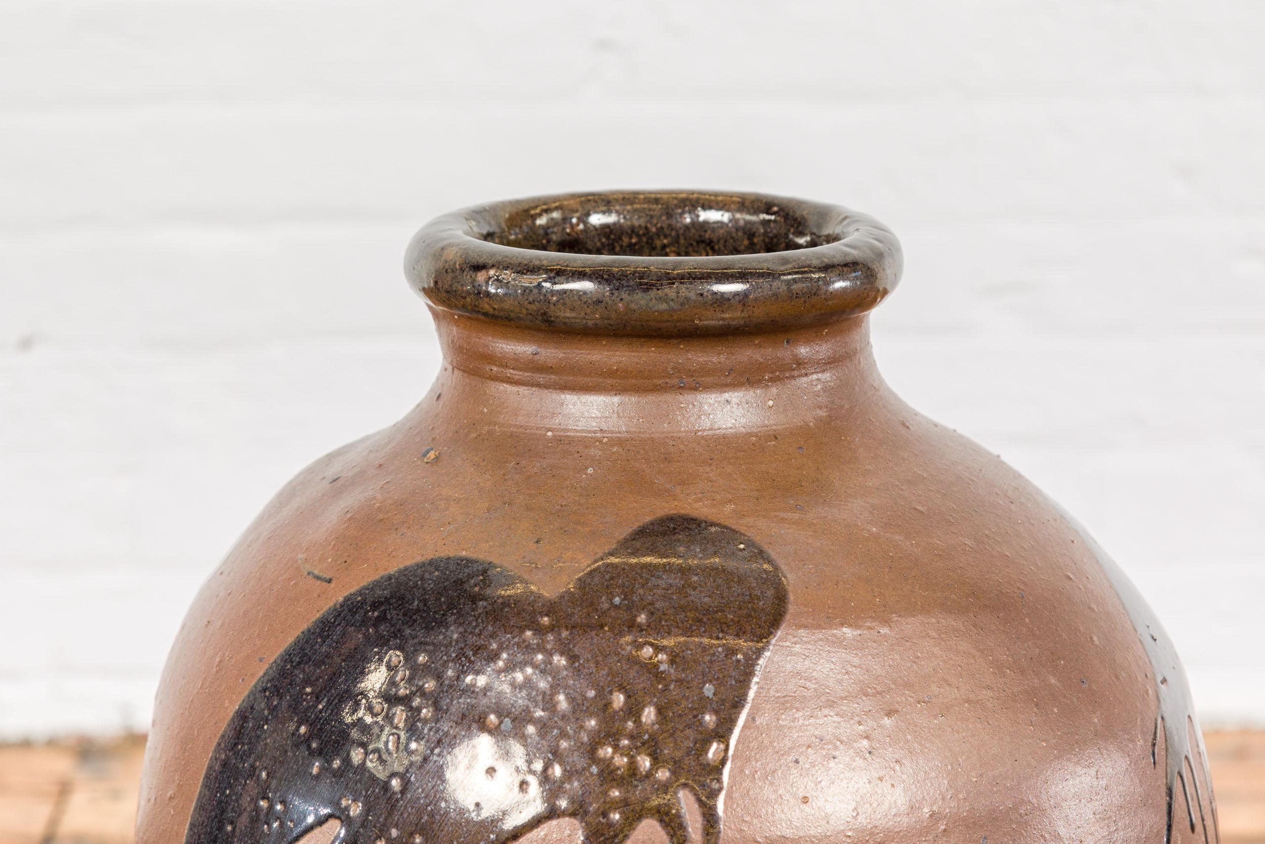Glazed Japanese Taishō 1900s Tamba Tachikui Ware Brown Jar with Spout and Drip Glaze For Sale
