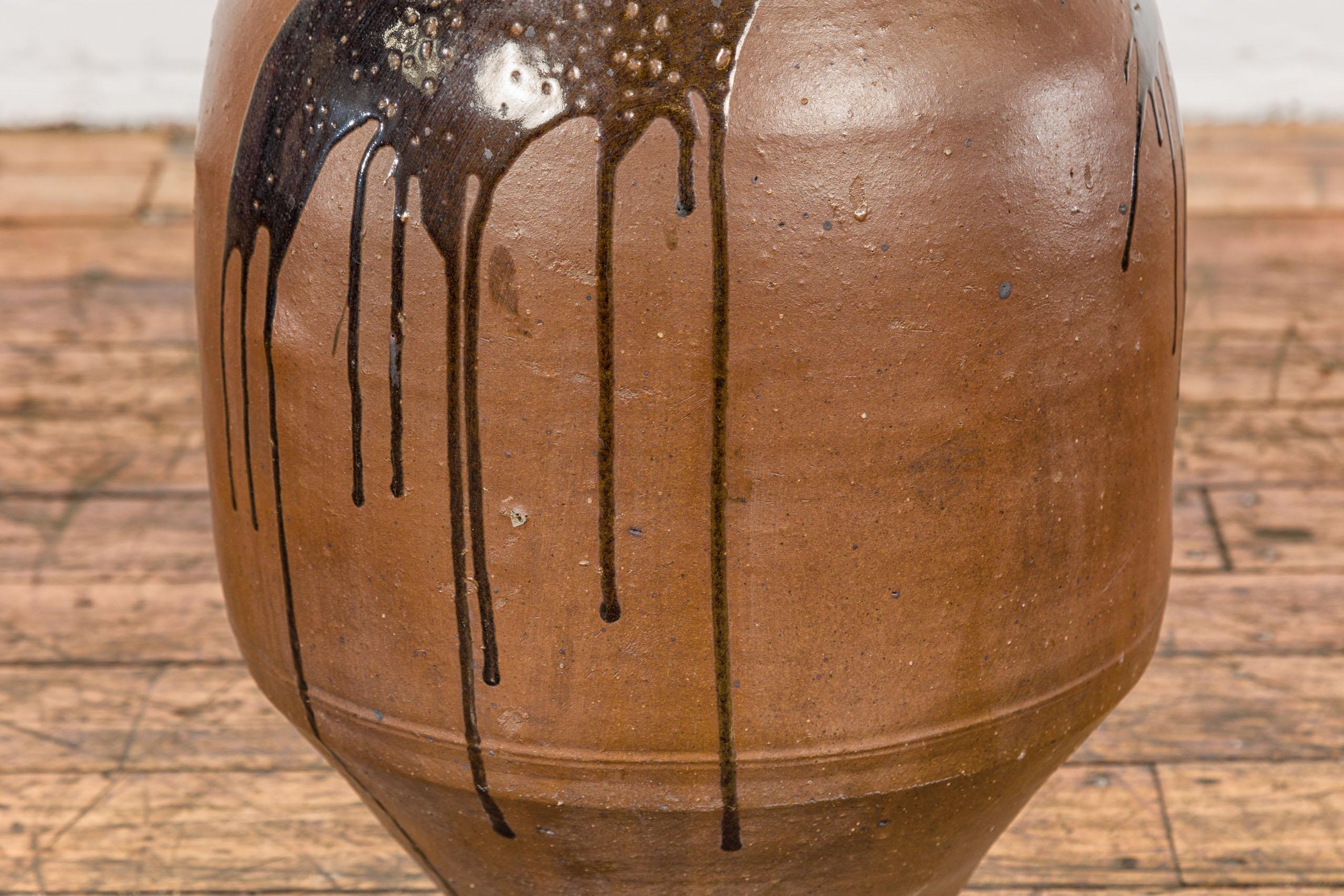 20th Century Japanese Taishō 1900s Tamba Tachikui Ware Brown Jar with Spout and Drip Glaze For Sale