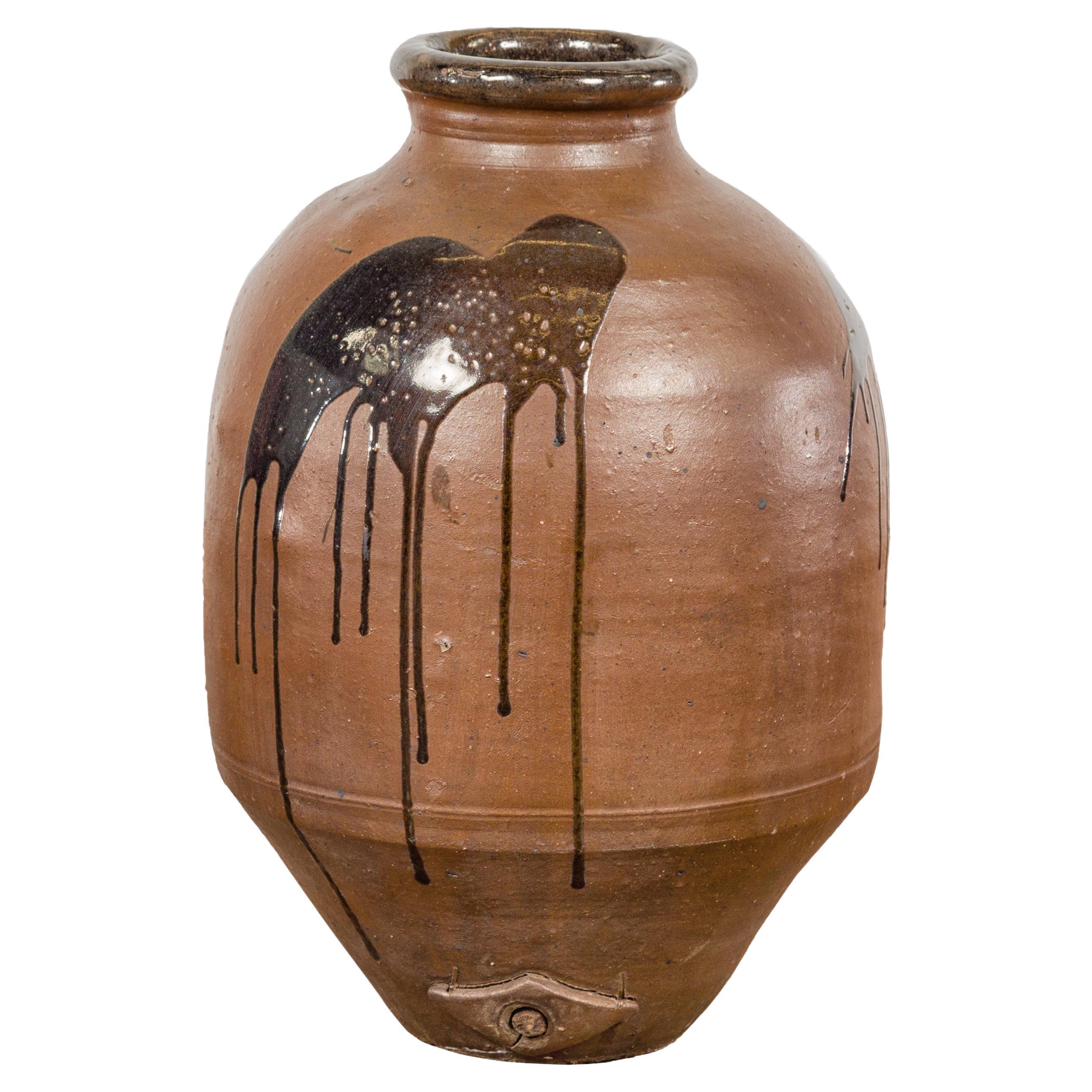 Japanese Taishō 1900s Tamba Tachikui Ware Brown Jar with Spout and Drip Glaze For Sale