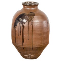 Japanese Taishō 1900s Tamba Tachikui Ware Brown Jar with Spout and Drip Glaze