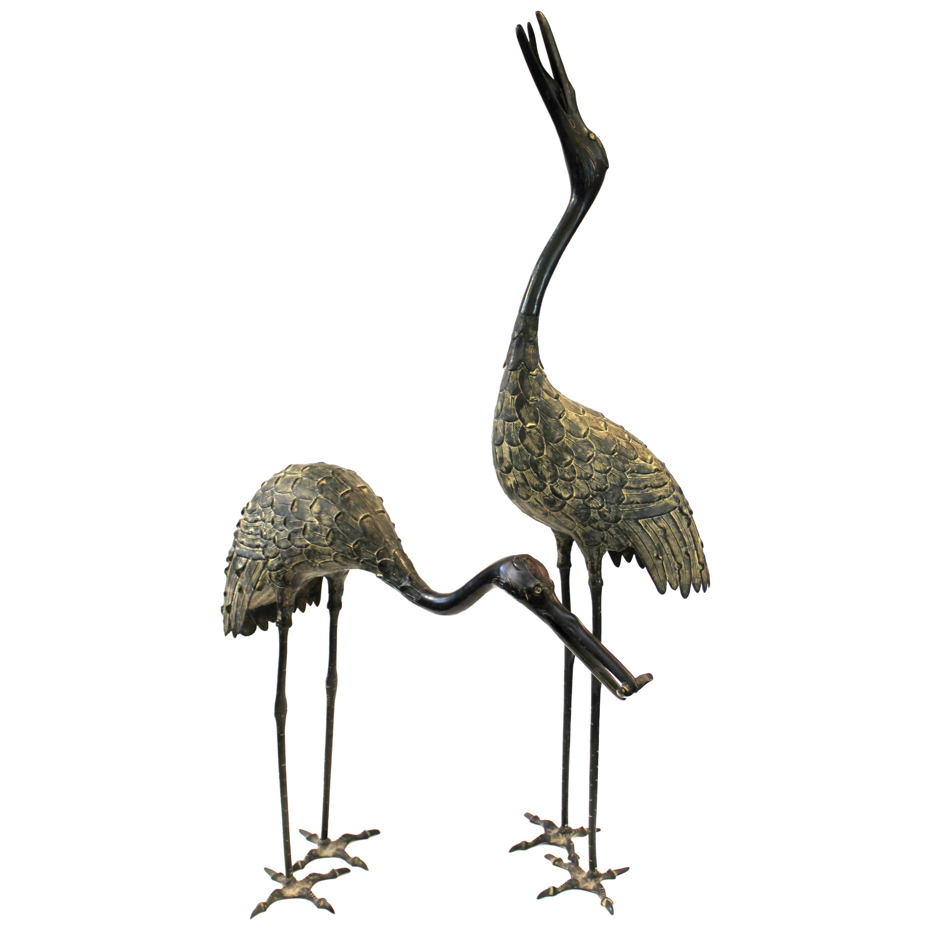 Japanese Taisho Bronze Crane Sculptures