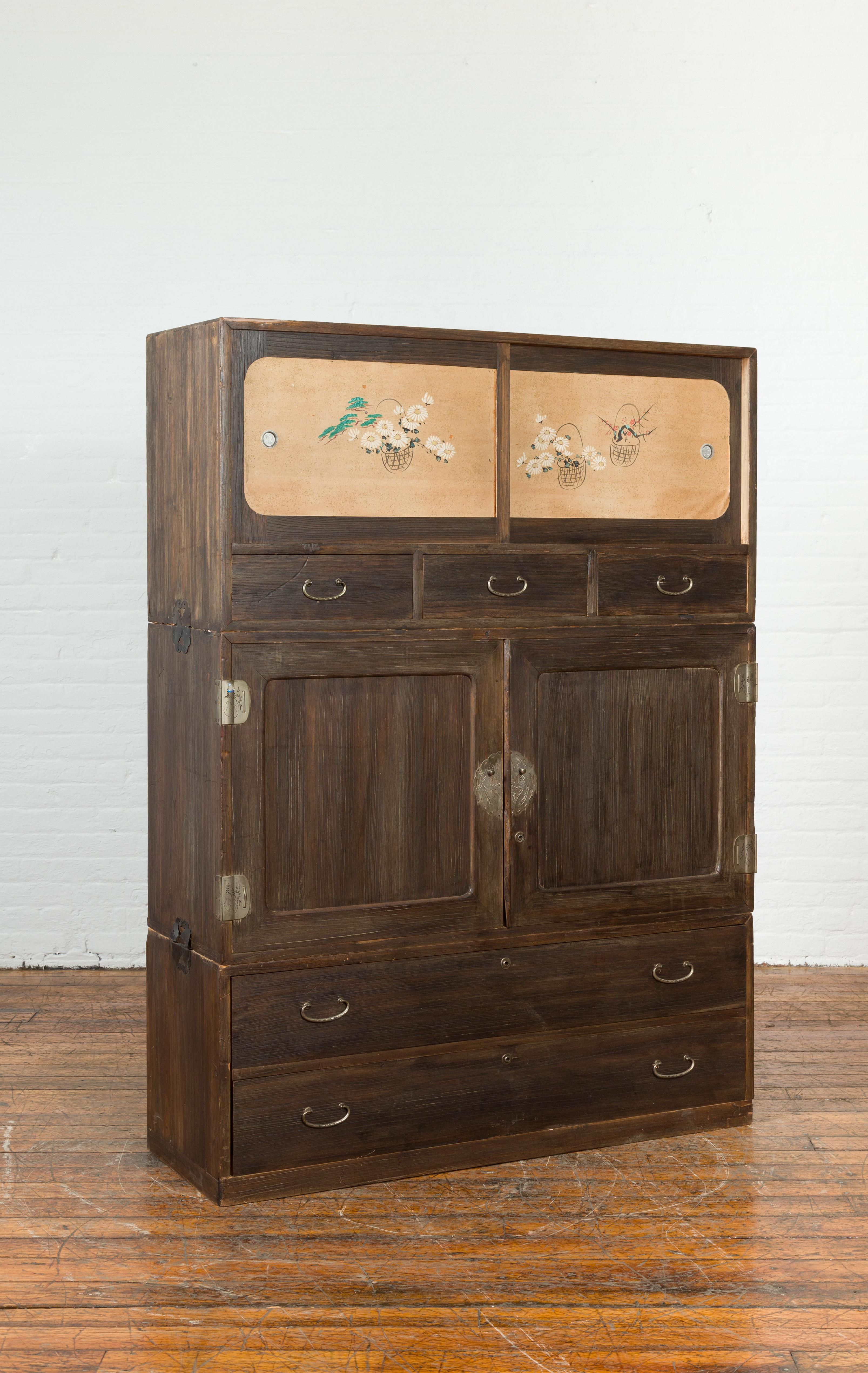Taisho Early 20th Century Japanese Taishō Cabinet with Hand-Painted Woodblock Prints For Sale