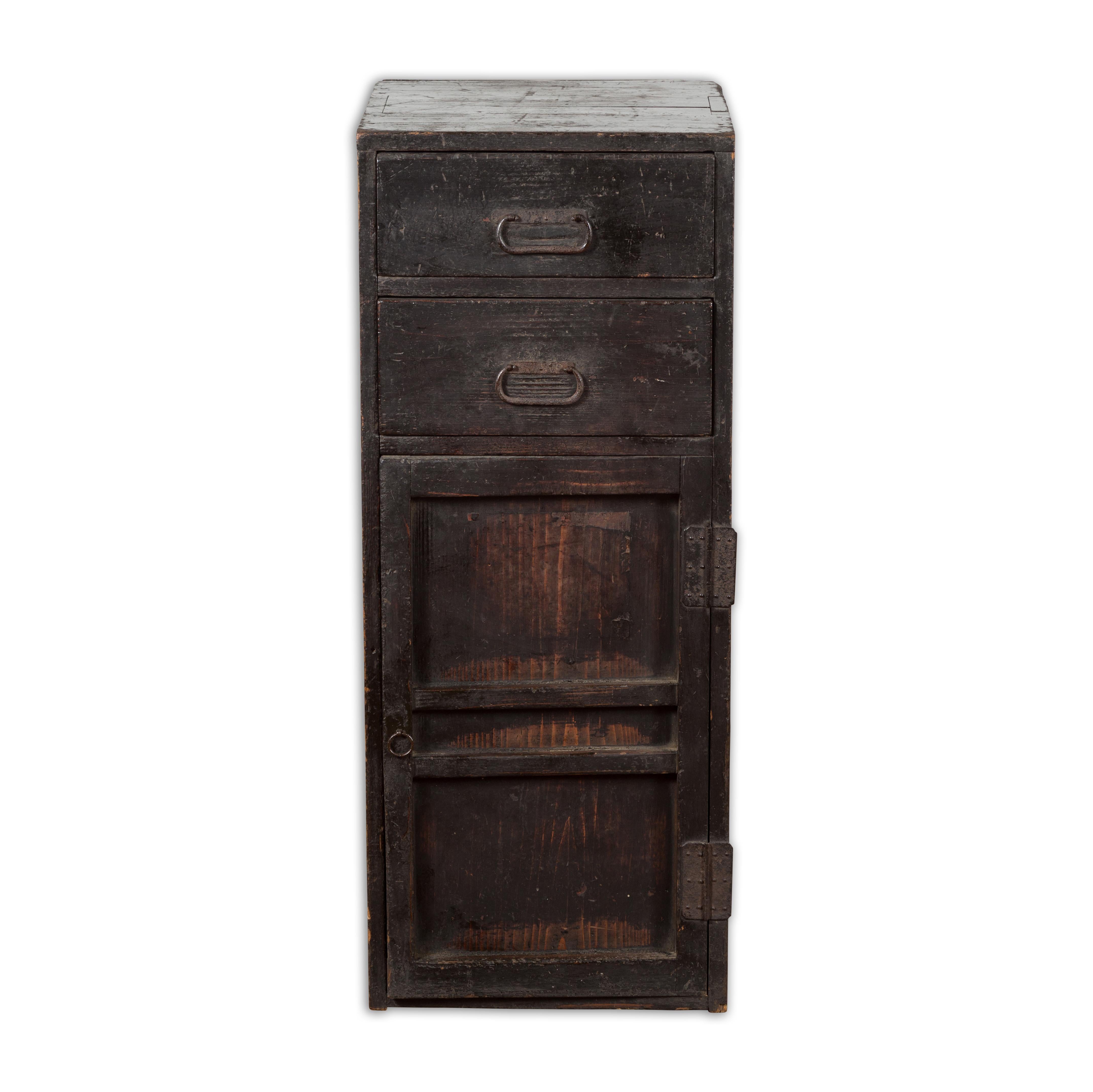 Japanese Taishō Early 20th Century Dark Brown Side Cabinet with Drawers and Door 6