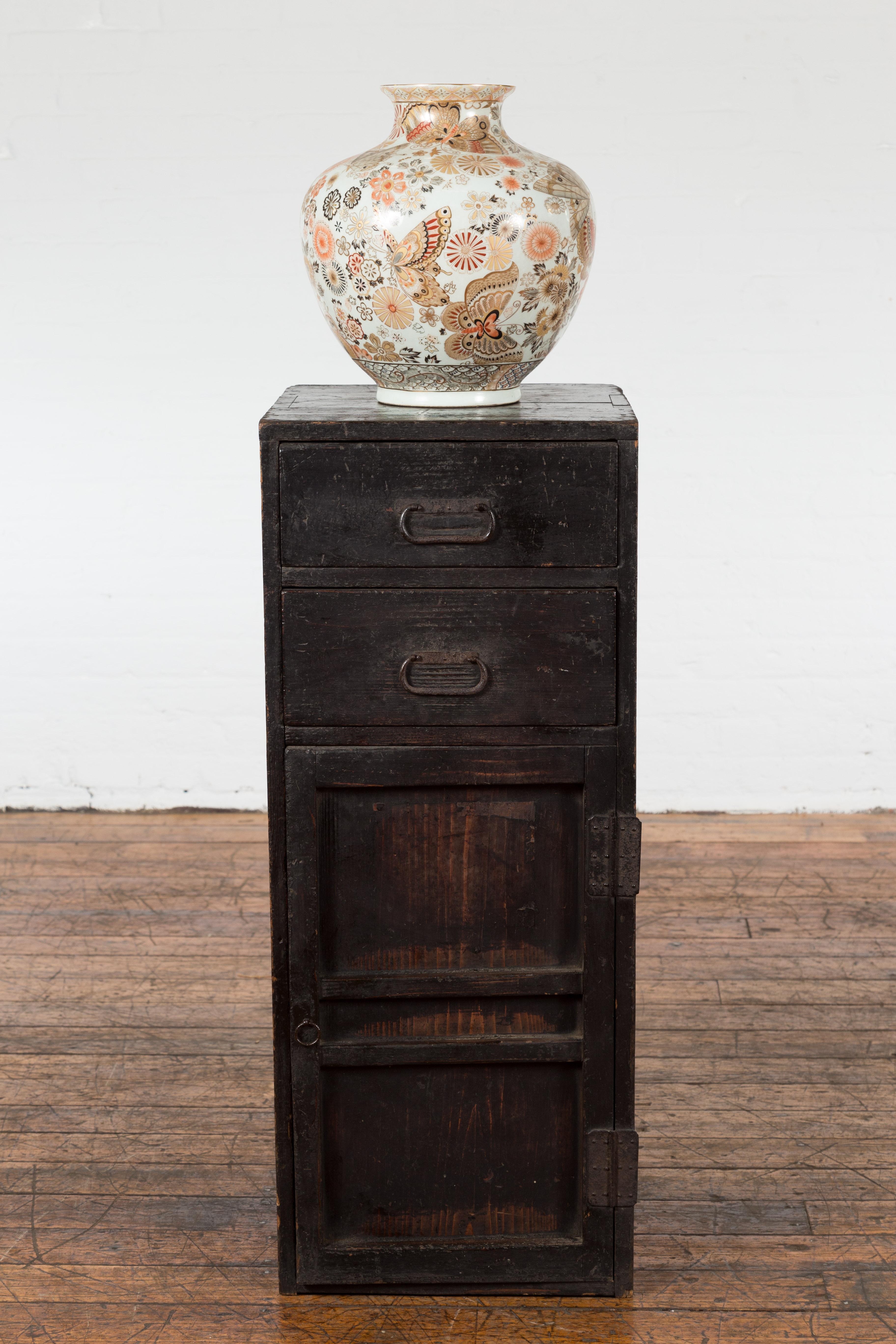 Taisho Japanese Taishō Early 20th Century Dark Brown Side Cabinet with Drawers and Door