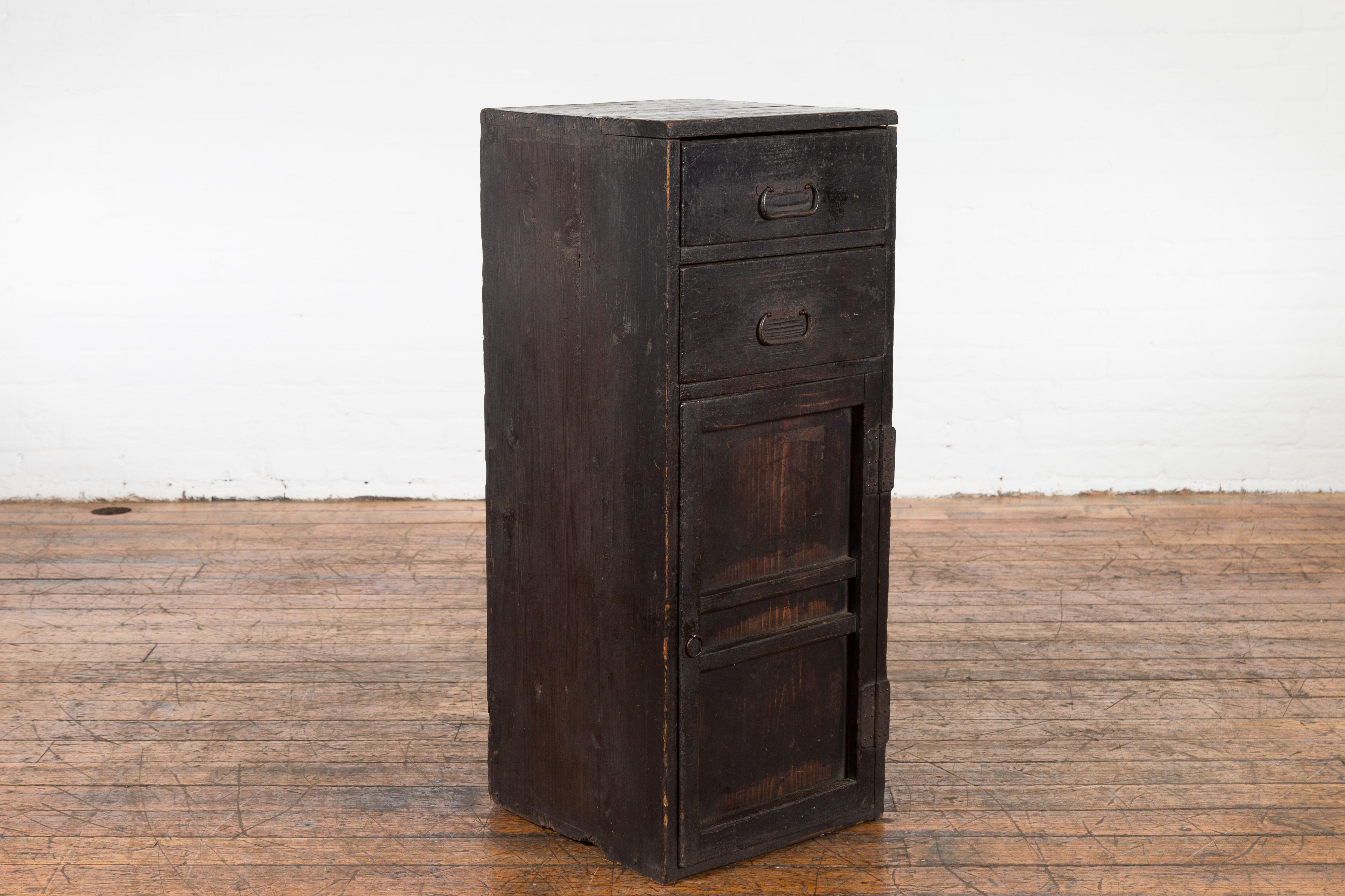 Metal Japanese Taishō Early 20th Century Dark Brown Side Cabinet with Drawers and Door