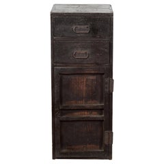 Japanese Taishō Early 20th Century Dark Brown Side Cabinet with Drawers and Door