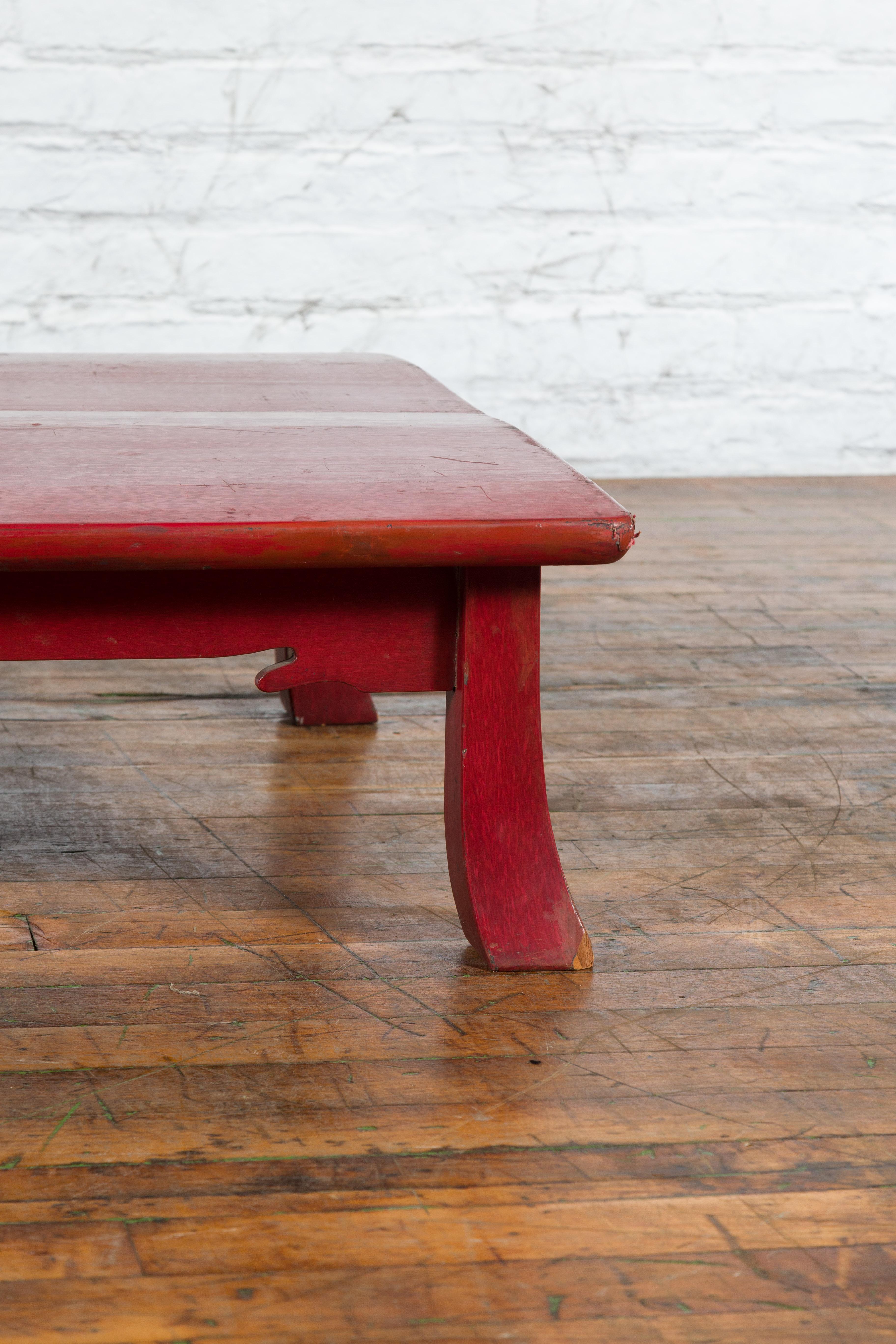 Taisho Japanese Taishō Early 20th Century Red Lacquer Coffee Table with Carved Apron For Sale