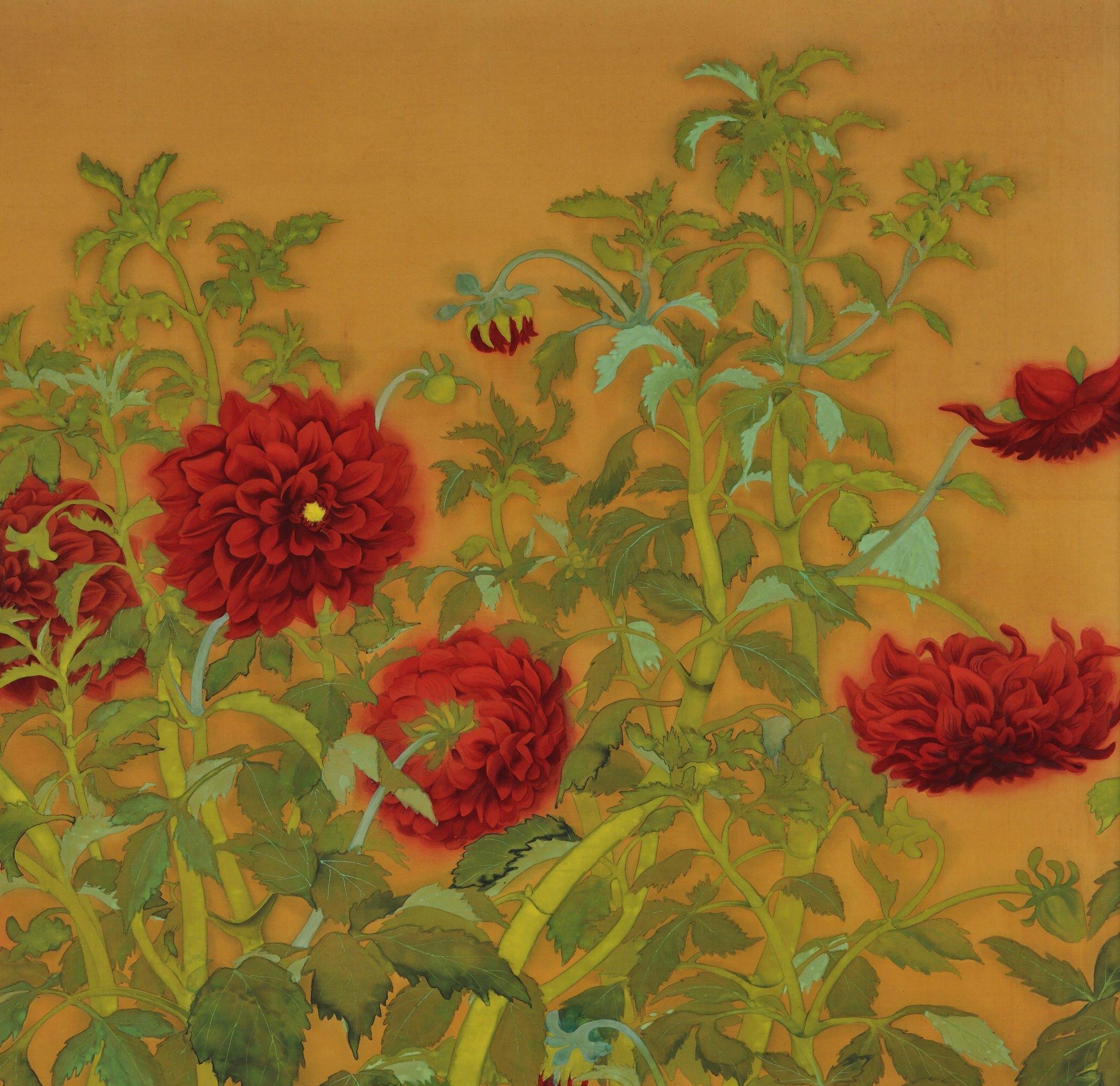 Tanaka Tessen (b.1890)

Dahlias and Roosters

Taisho period, circa 1920

Framed painting. Mineral pigments and ink on silk.

Dimensions (framed):

H. 159 cm x W. 97 cm x D. 2.5 cm (62.5” x 38” x 1”)

An ornate and complex composition in which the