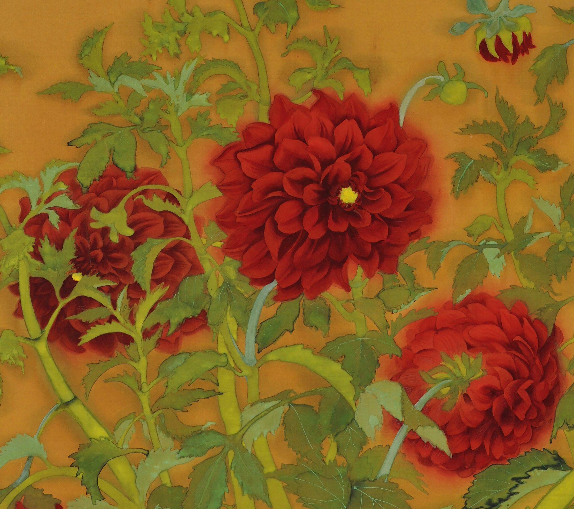 Taisho Peinture japonaise, panneau encadré, Dahlias et coqs, vers 1920 en vente