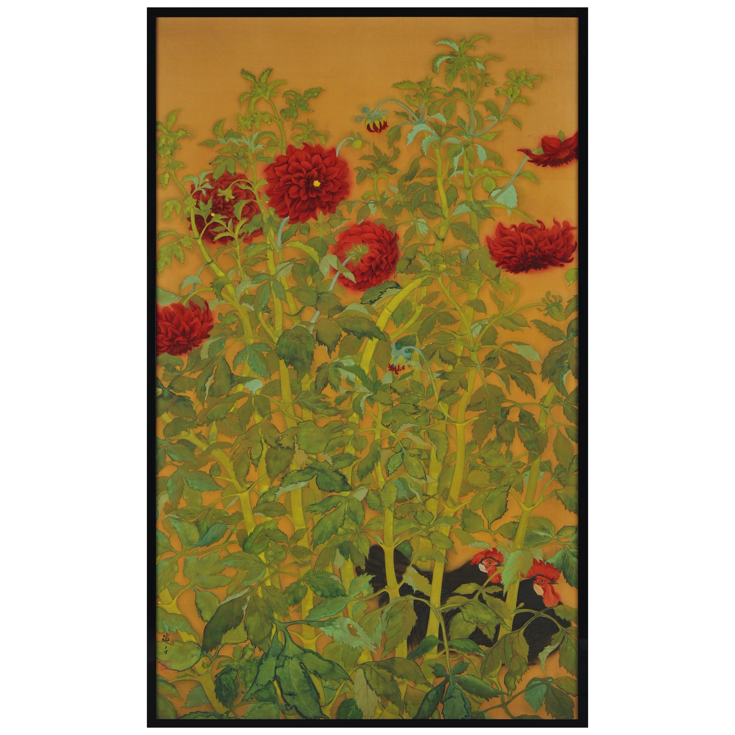 Japanese Painting, Framed Panel, Dahlias and Roosters, circa 1920 For Sale