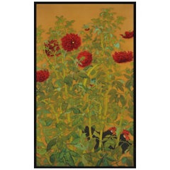 Peinture japonaise, panneau encadré, Dahlias et coqs, vers 1920