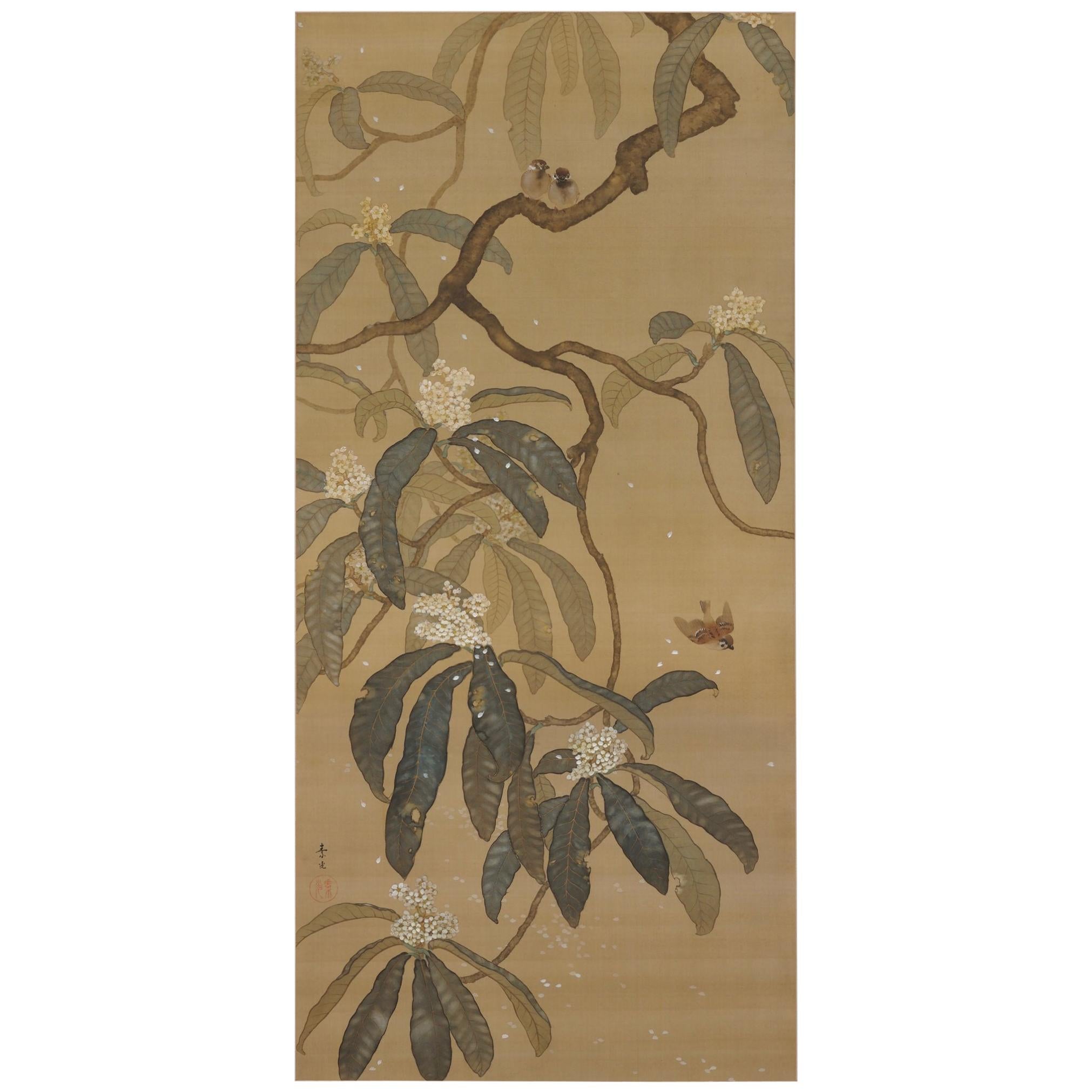 Japanese Painting, Hanging Scroll, Loquat and Sparrows, circa 1910-1915 Taisho