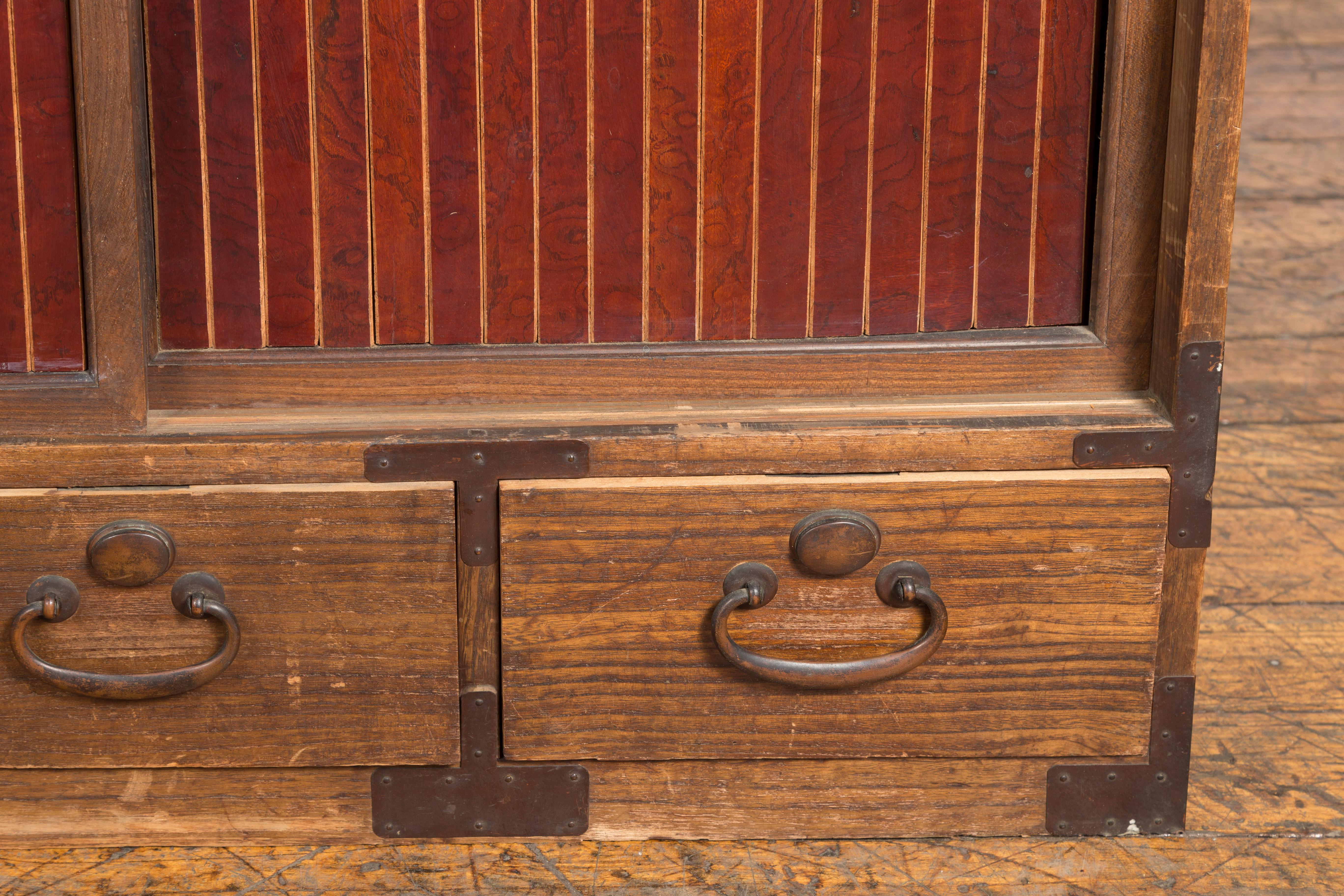 Japanese Taishō Kiri Wood Low Storage Cabinet with Sliding Doors and Drawers 3