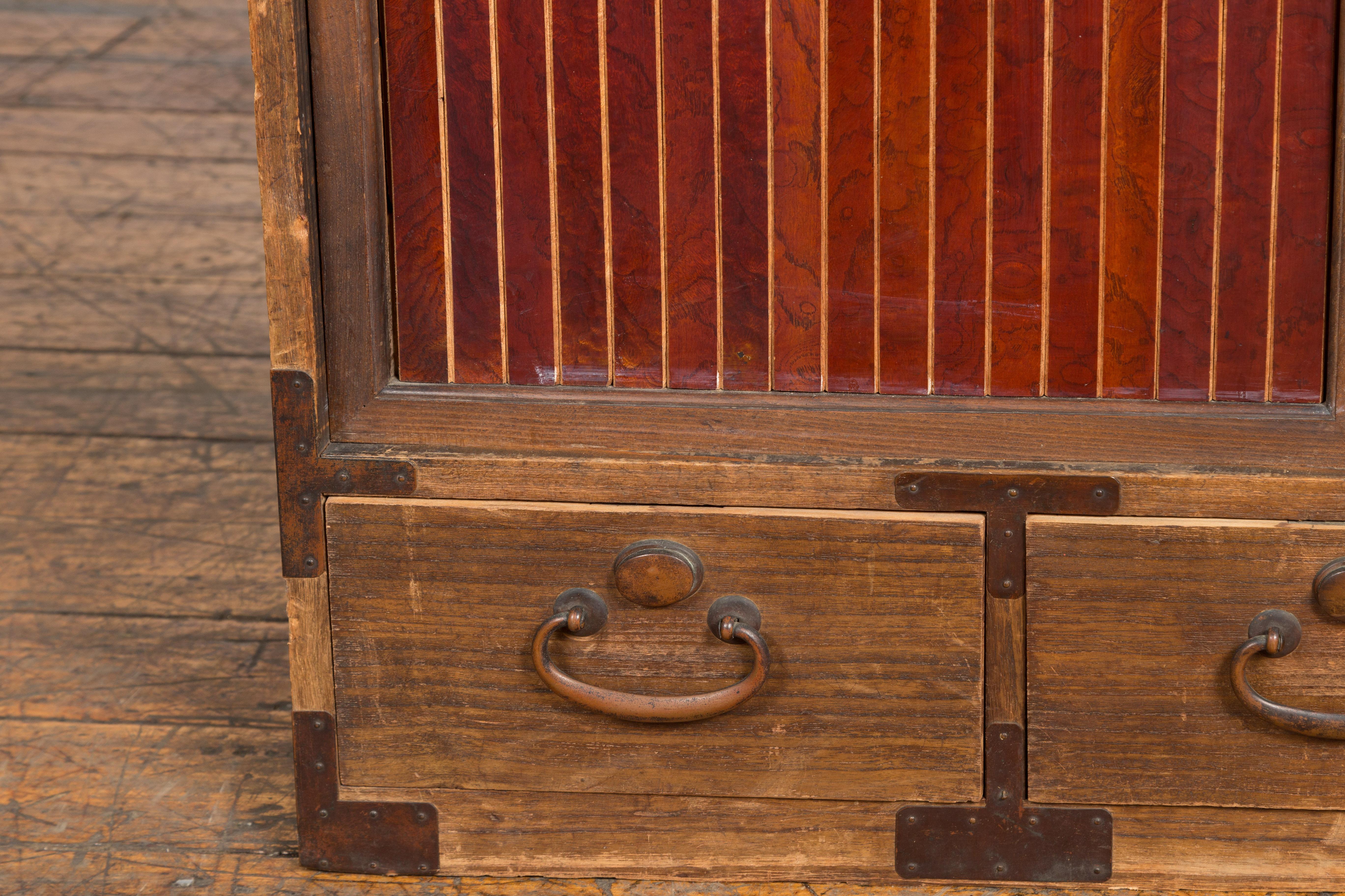 Japanese Taishō Kiri Wood Low Storage Cabinet with Sliding Doors and Drawers 5