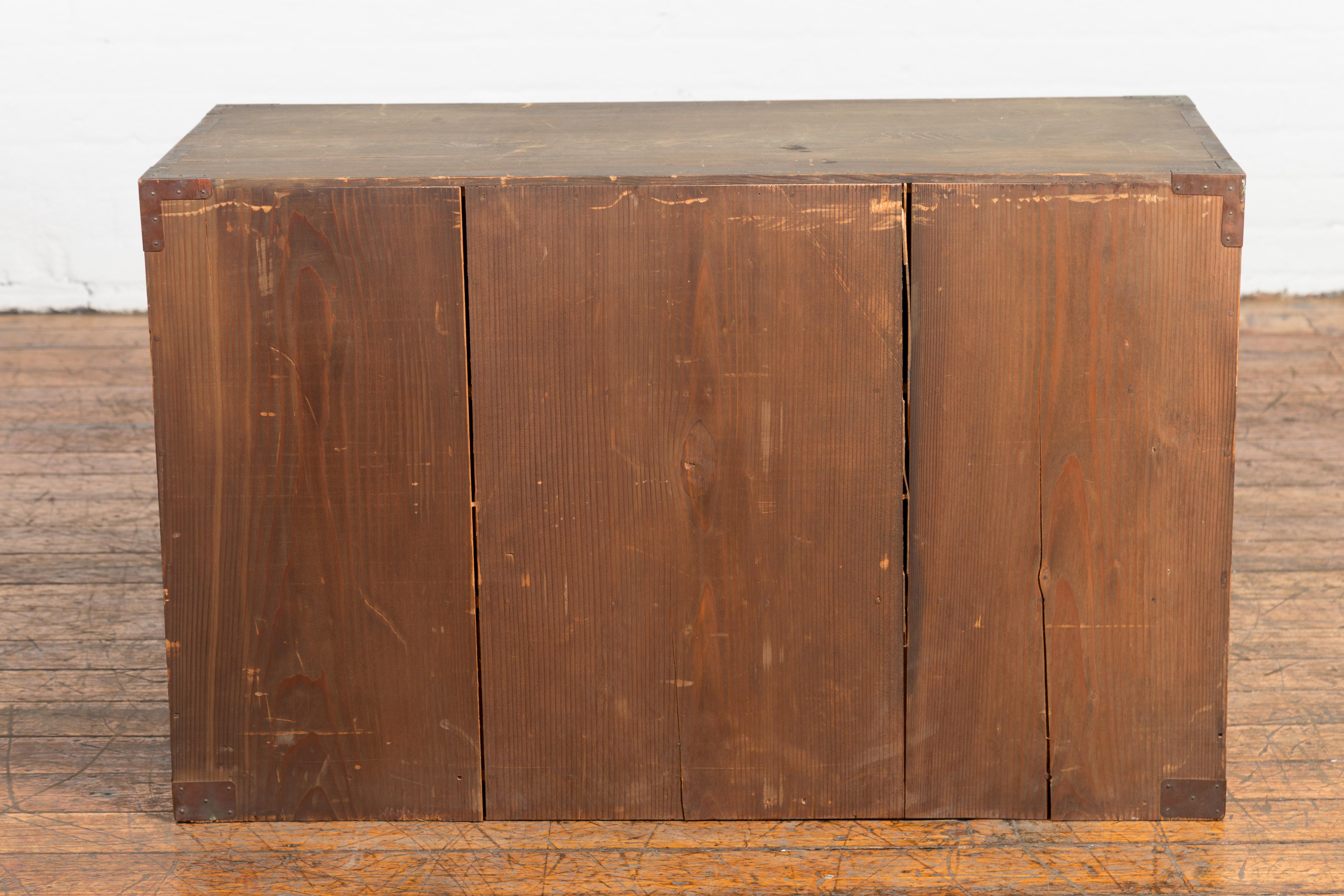 Japanese Taishō Kiri Wood Low Storage Cabinet with Sliding Doors and Drawers 9