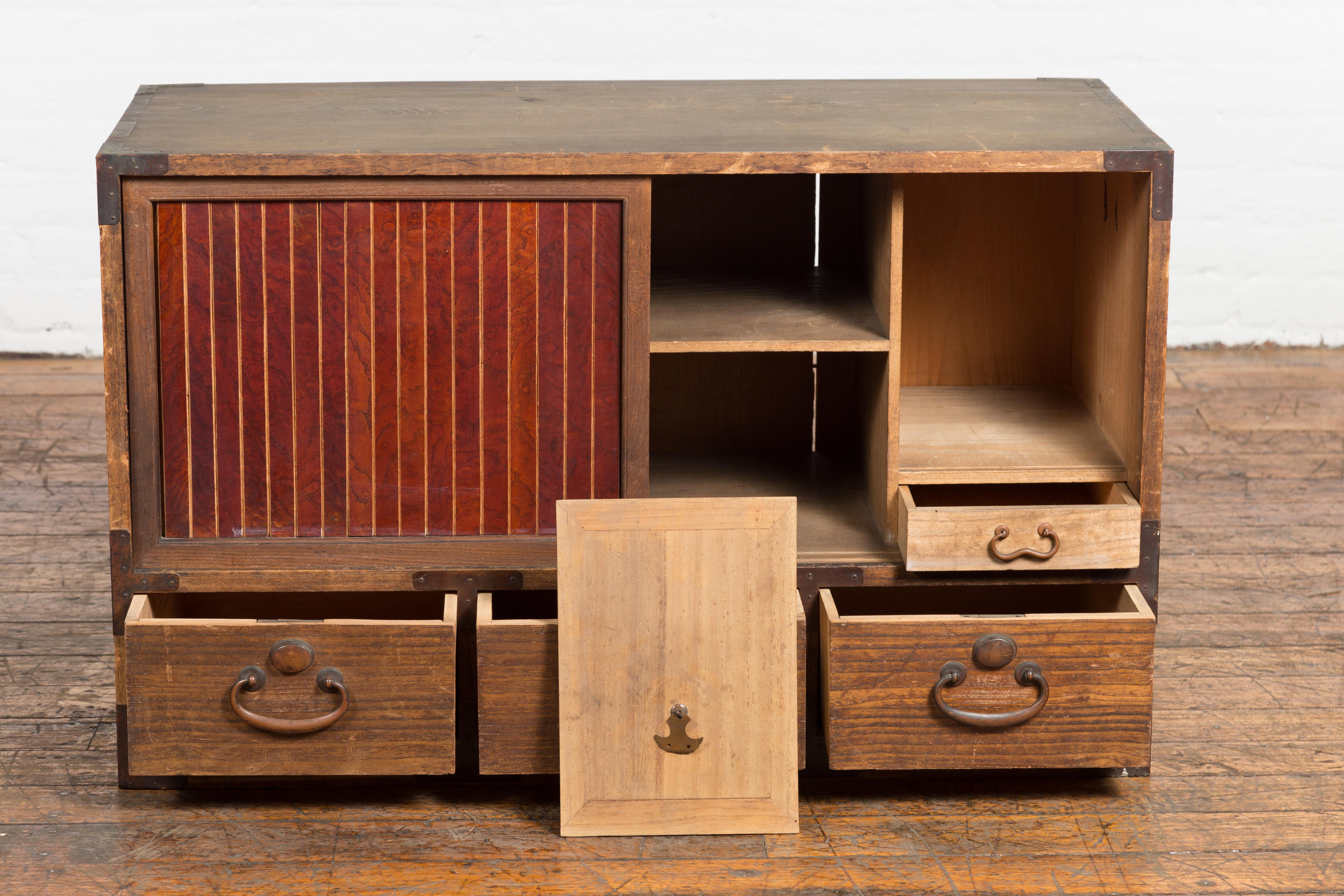 Brass Japanese Taishō Kiri Wood Low Storage Cabinet with Sliding Doors and Drawers