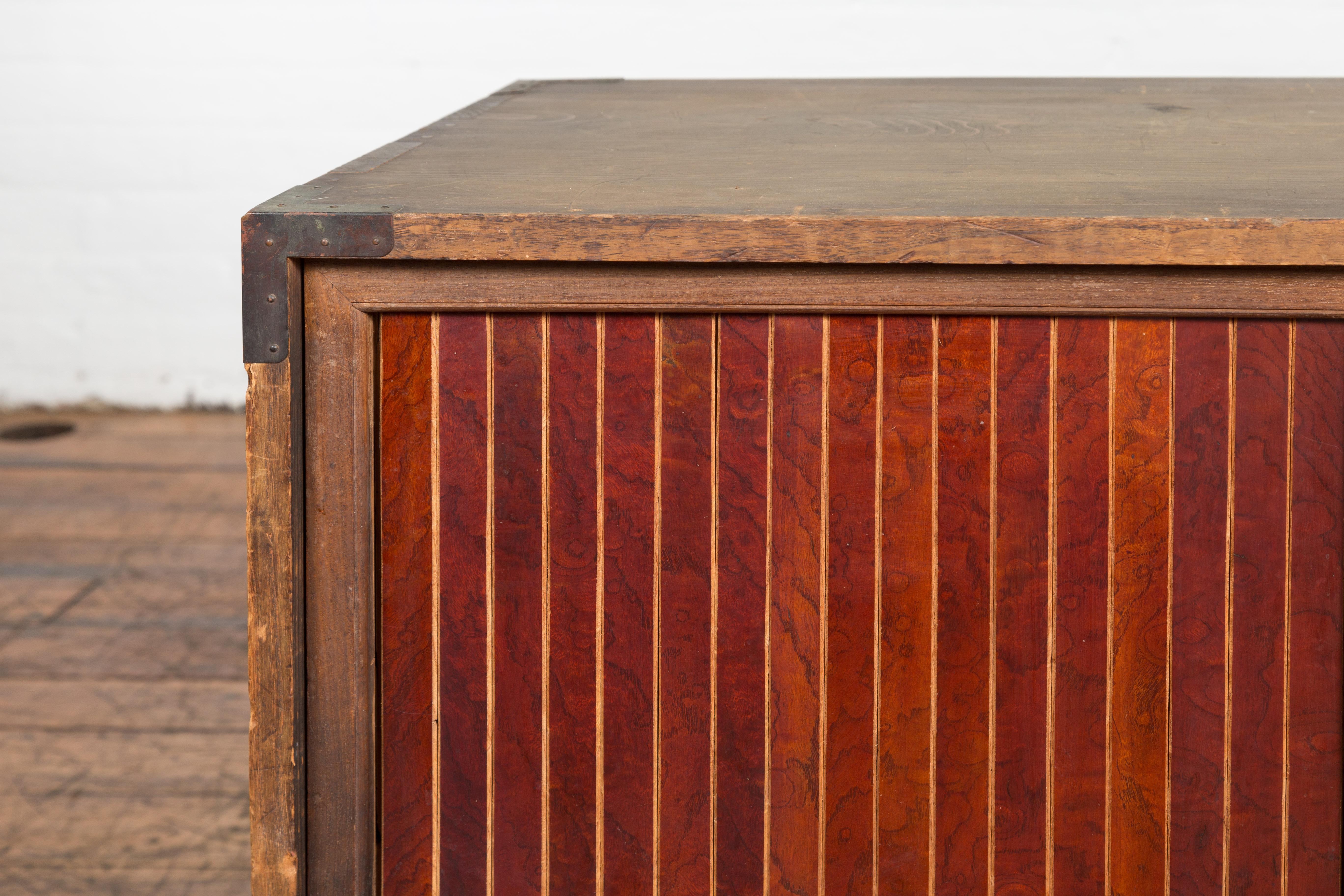 Japanese Taishō Kiri Wood Low Storage Cabinet with Sliding Doors and Drawers 1