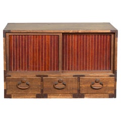 Japanese Taishō Kiri Wood Low Storage Cabinet with Sliding Doors and Drawers