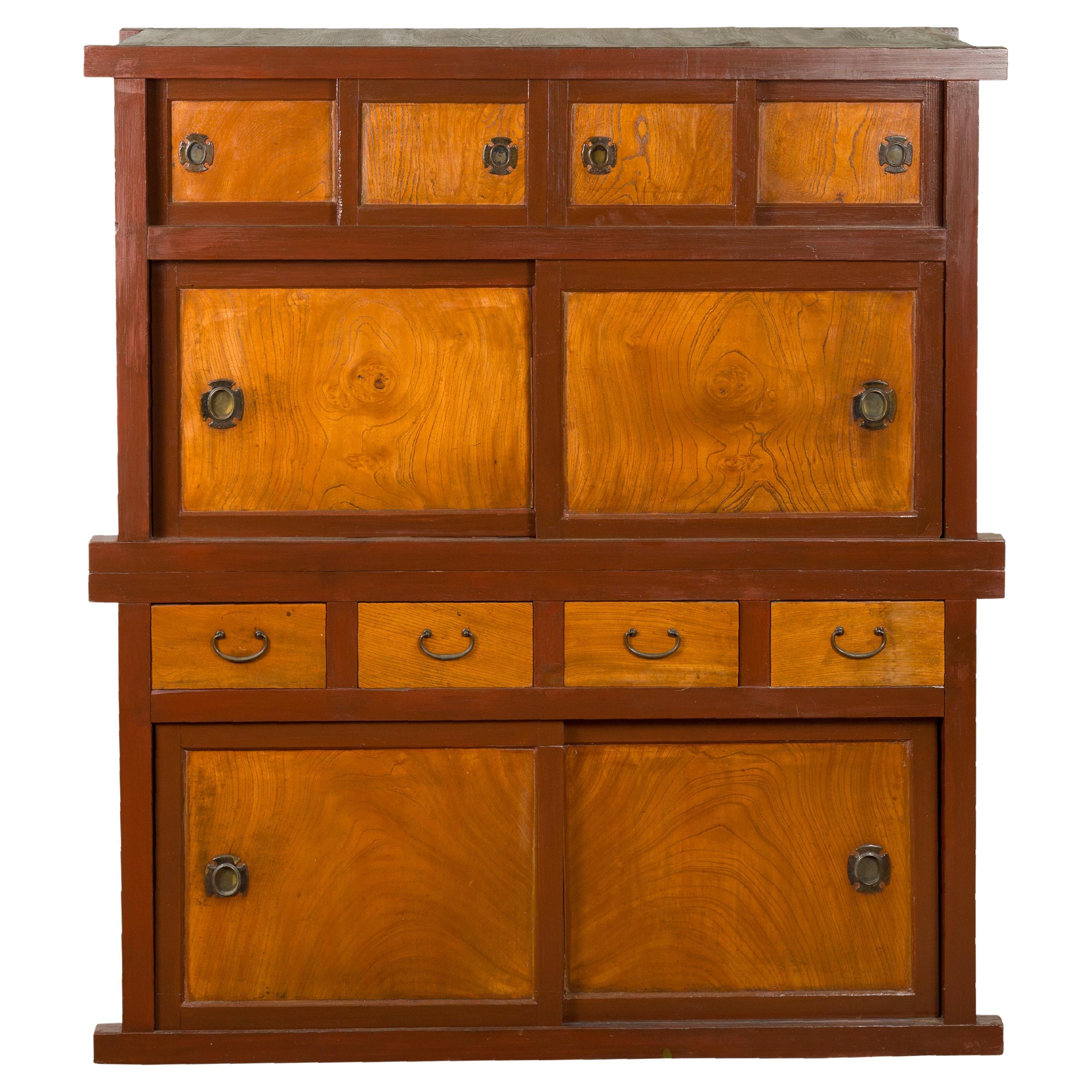 Japanese Taishō Period 1900s Hinoki Wood Armoire with Rare Design