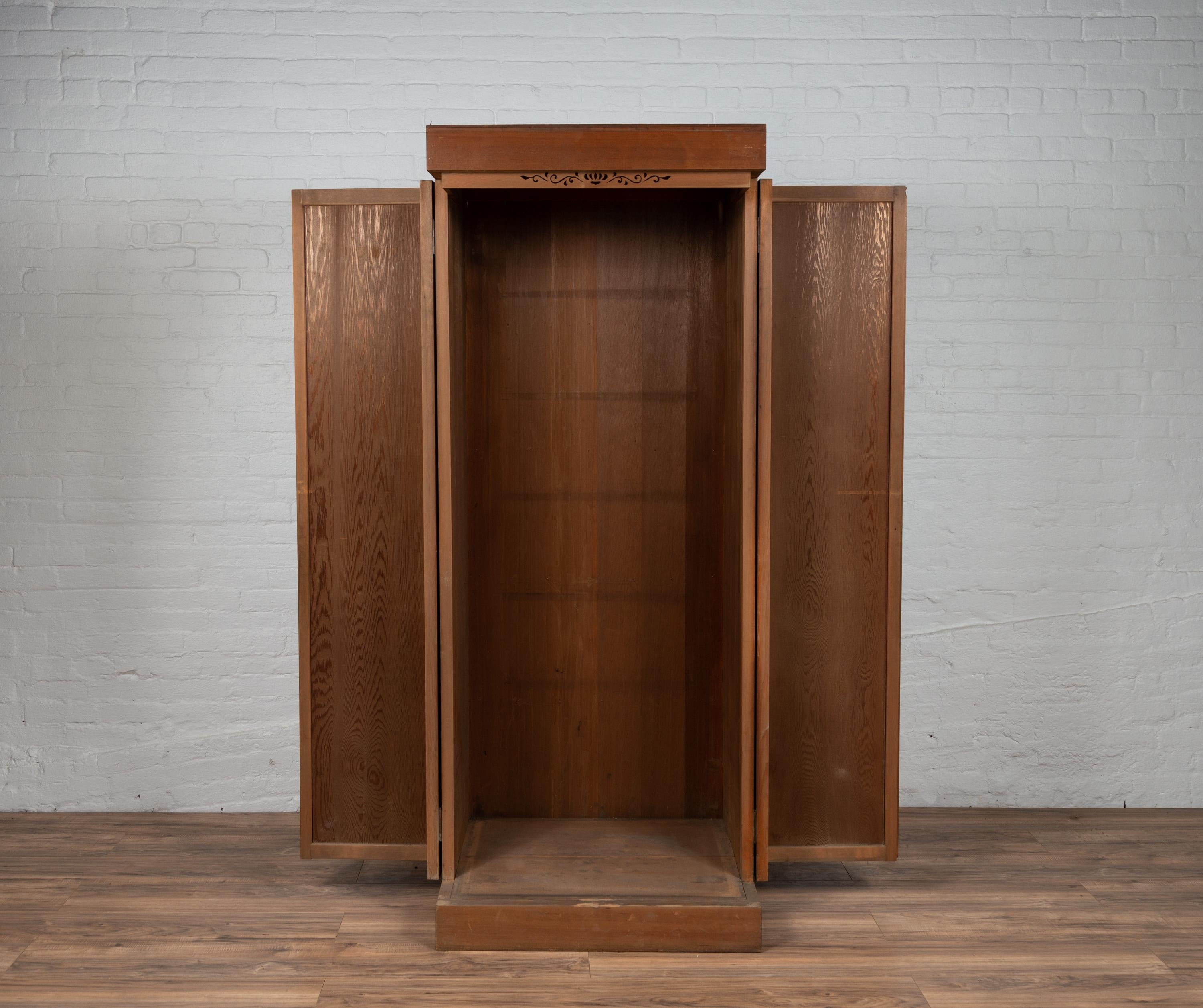 Cypress Japanese Taishō Period 1900s Hinoki Wood Armoire with Rare Design Folding Doors