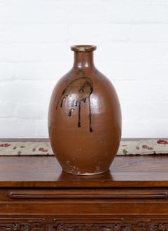 Japanese Taishō Period 1900s Tamba Tachikui Ware Brown Sake Jar with Black Glaze